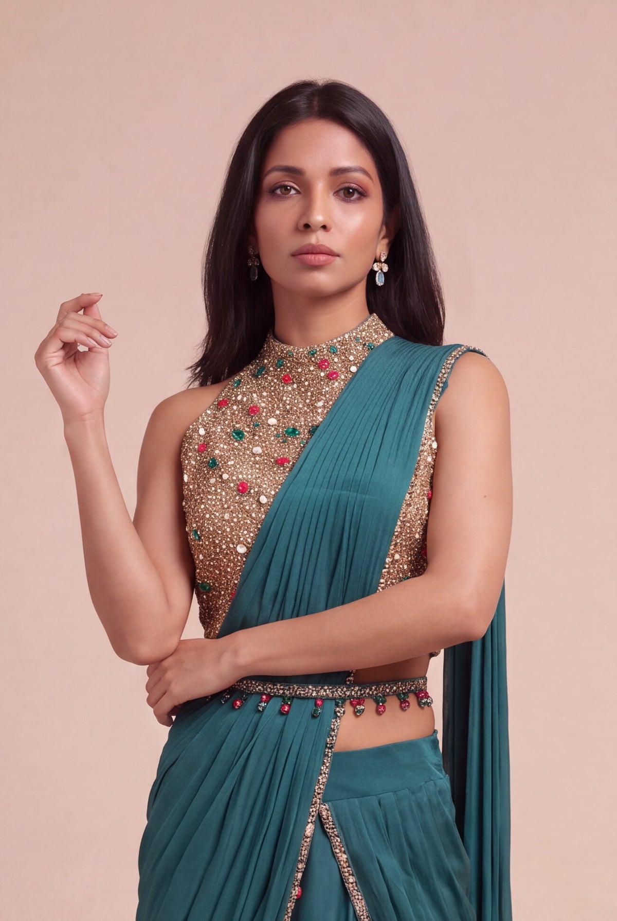 Emerald Green Draped Saree with Jewel-Embroidered Halter Blouse - Mokshaa