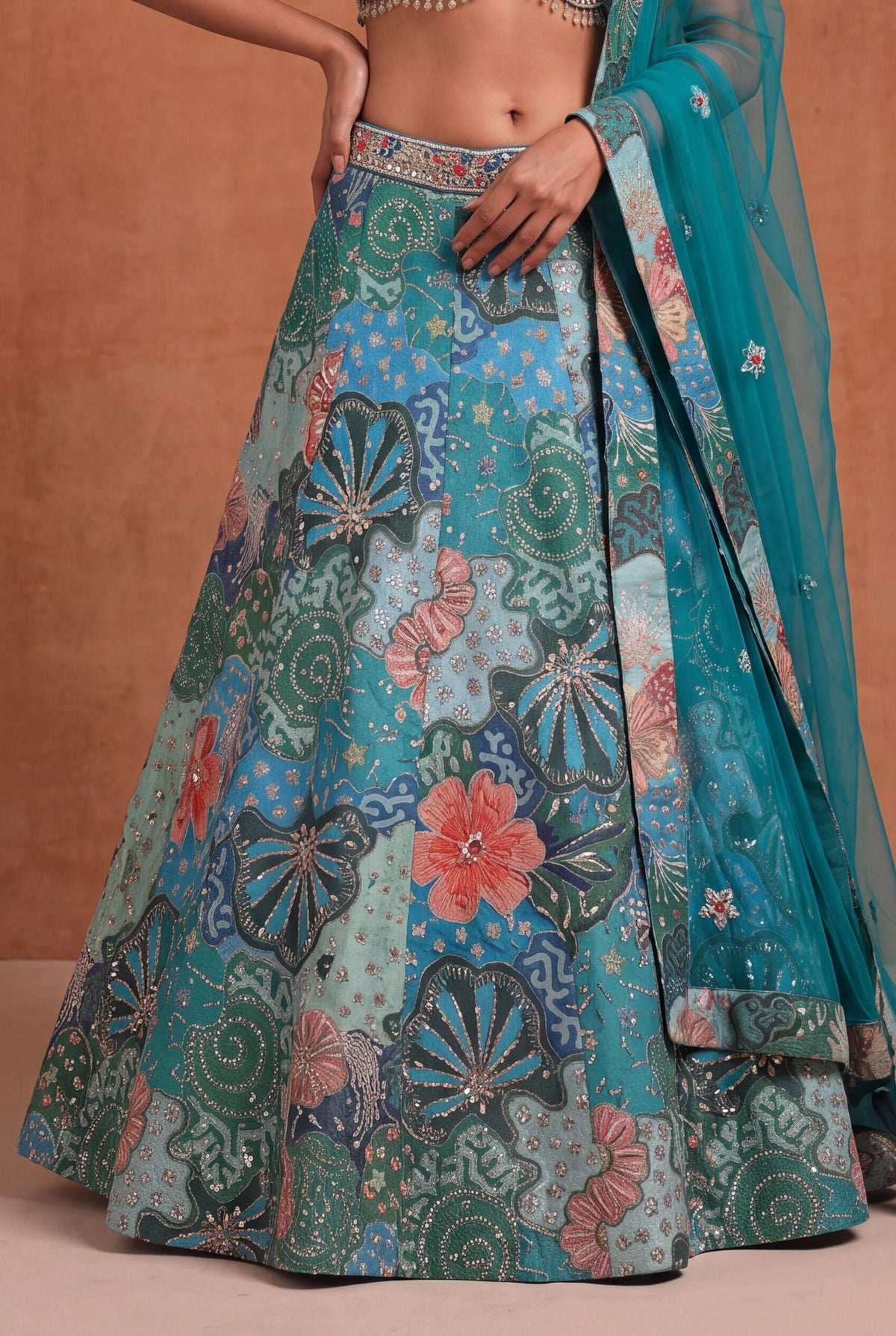 Teal Tissue Silk Floral Lehenga - Mokshaa