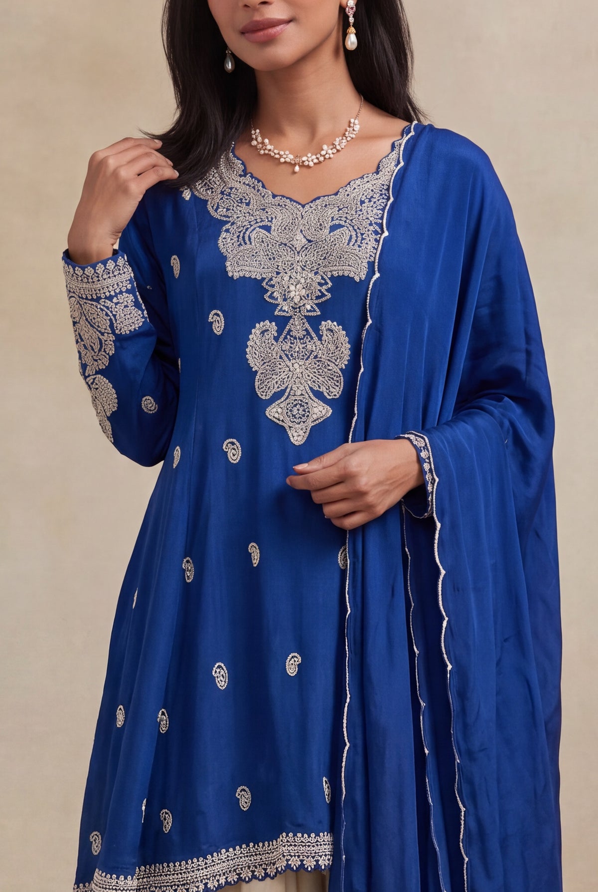 Royal Blue Chinon Indo-Western Set - Mokshaa