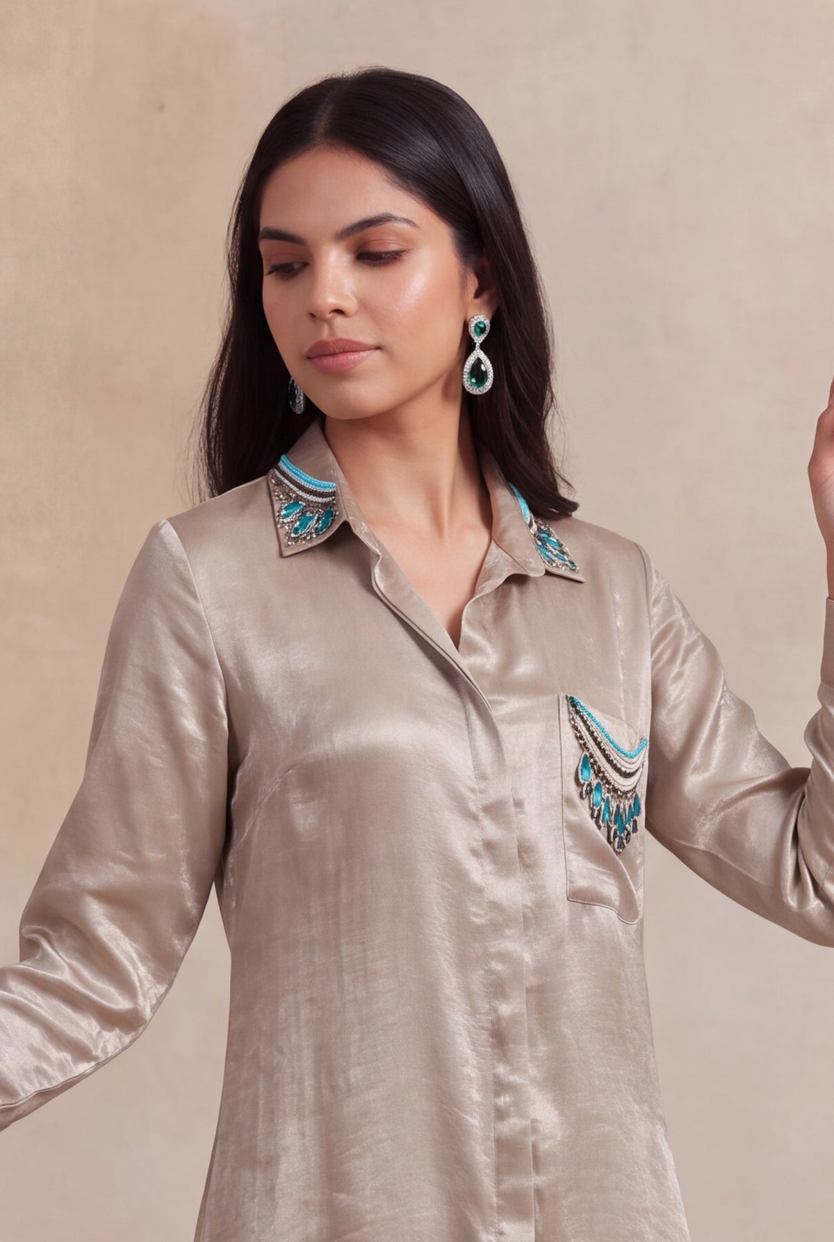 Champagne Shimmer High-Low Shirt Set - Mokshaa