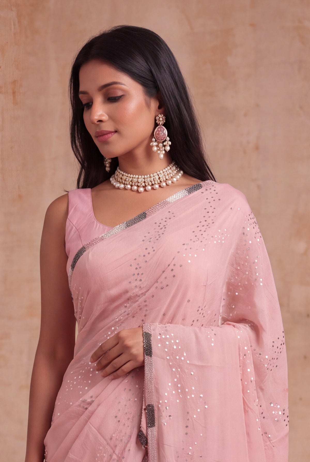 Pink Crush Crepe Saree with Sequin Work - Mokshaa