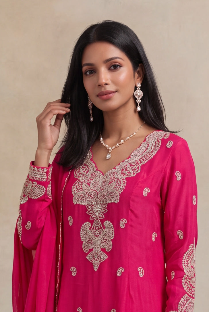 Rani Pink Chinon Indo-Western Drape Set - Mokshaa