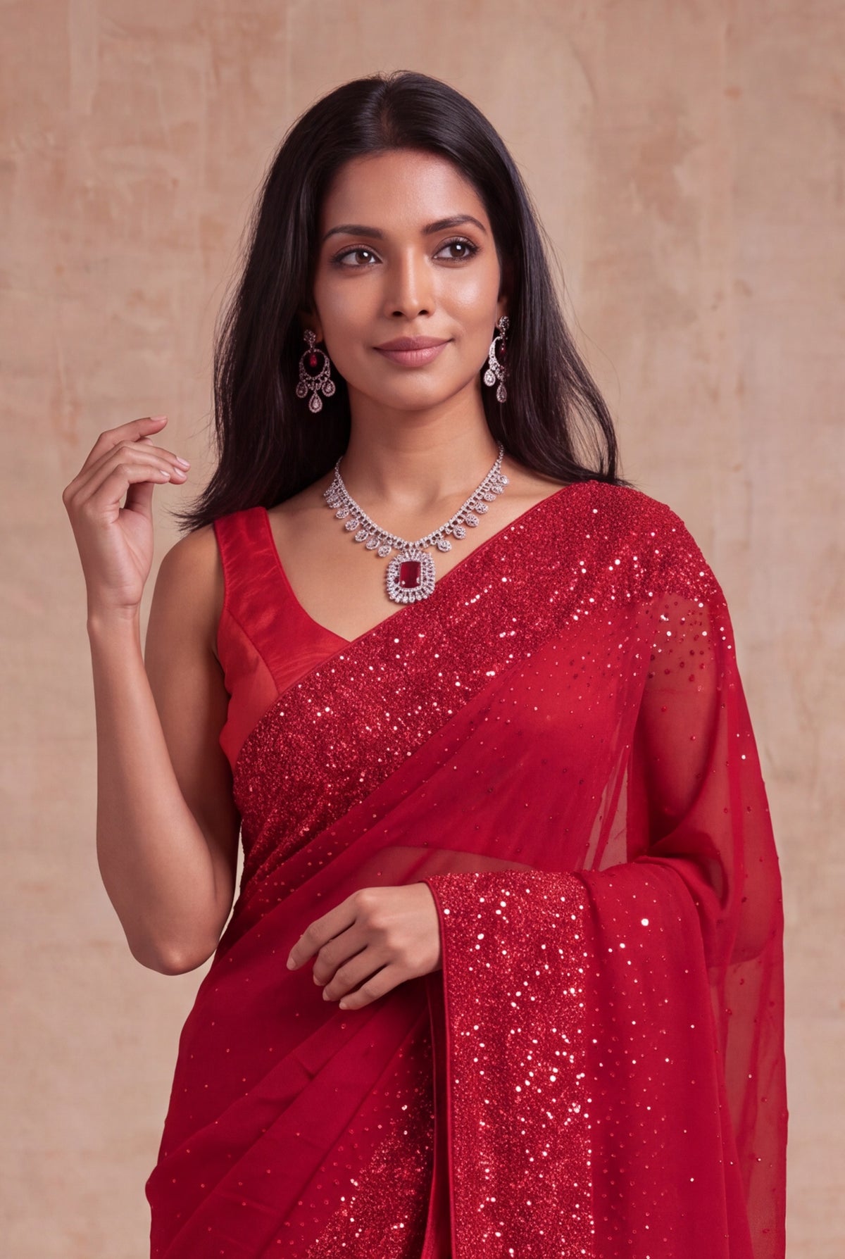 Red Crepe Saree with Sequin Work Border - Mokshaa