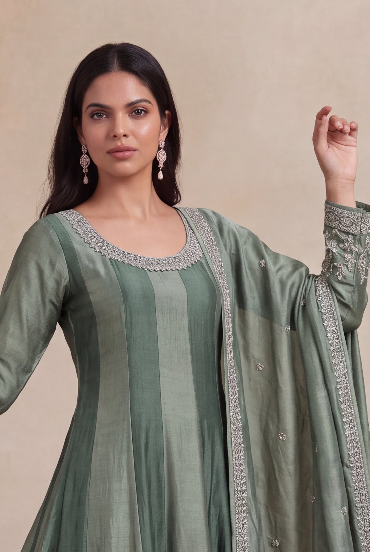 Sage Green Raw Silk Anarkali Set - Mokshaa