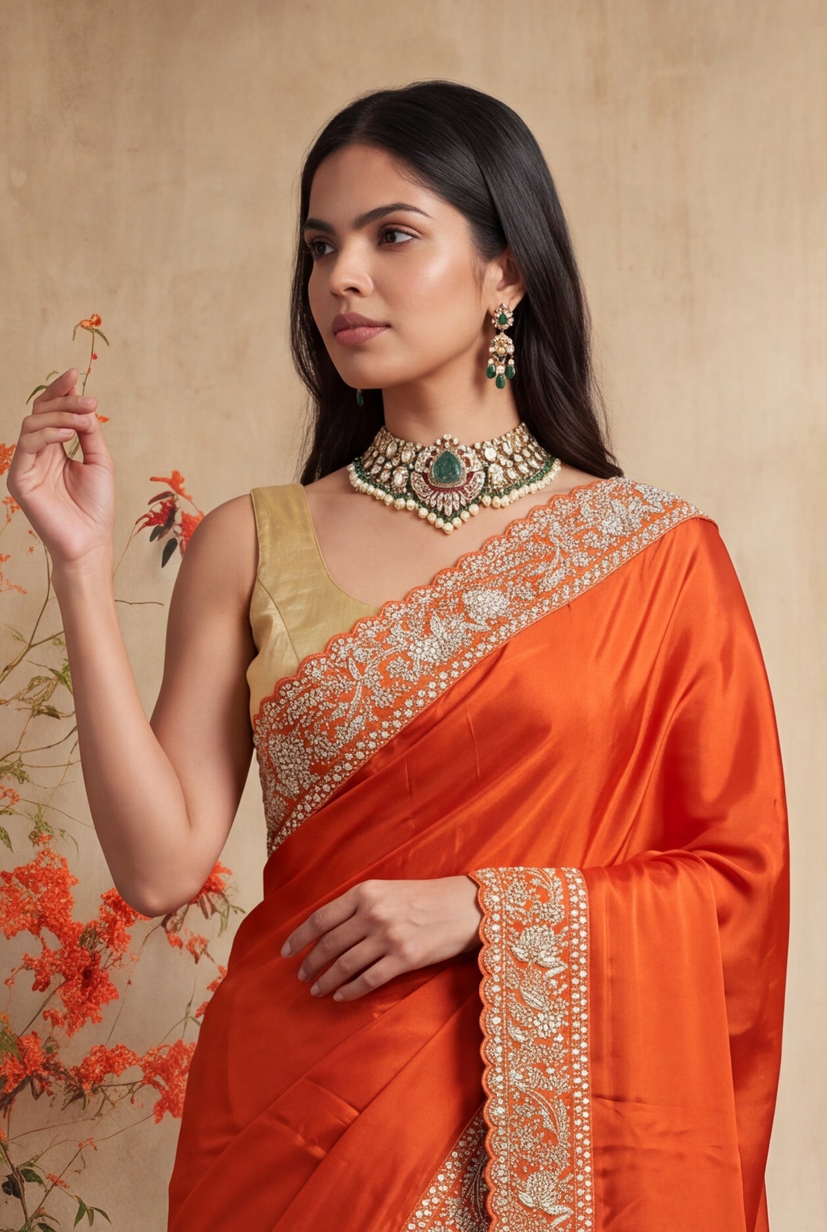 Orange Satin Silk Saree - Mokshaa