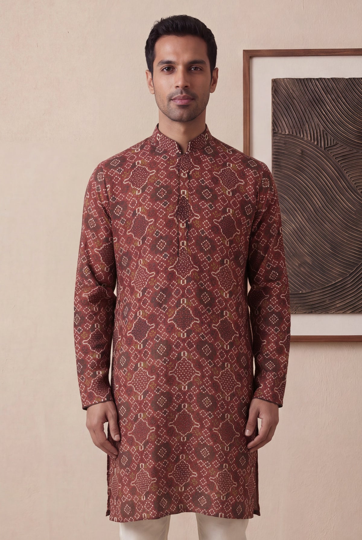 Maroon Chanderi Silk Bandhani Kurta Pant Set - Mokshaa