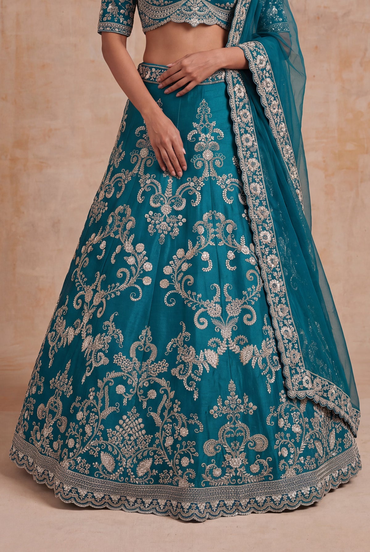 Teal Raw Silk Lehenga - Mokshaa