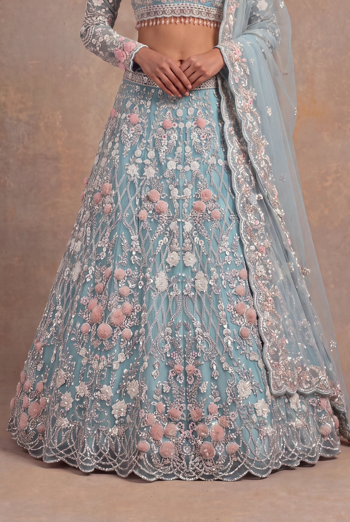 Sea Blue Net Lehenga Set with Sequin and Floral Applique Work - Mokshaa