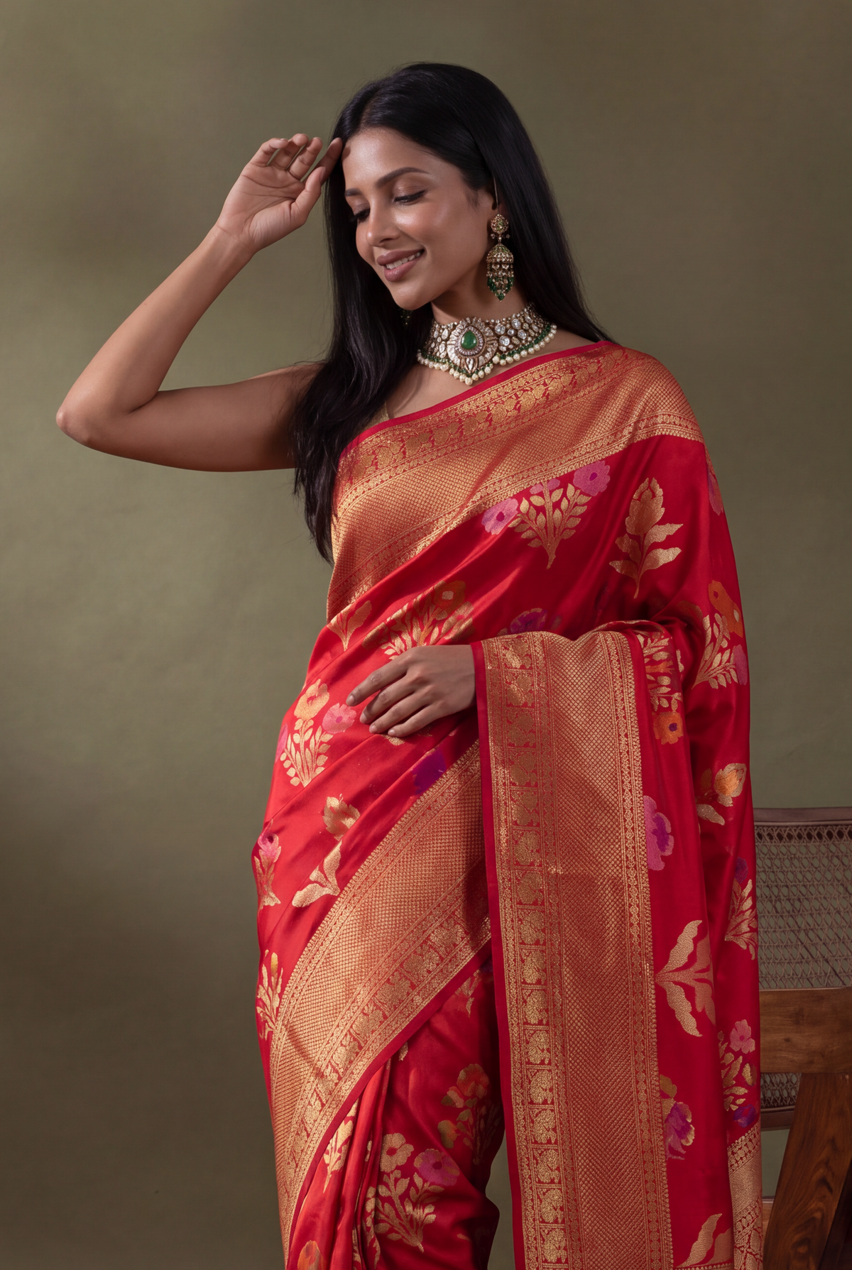 Red Banarasi Silk Saree with Kanjivaram Border - Mokshaa