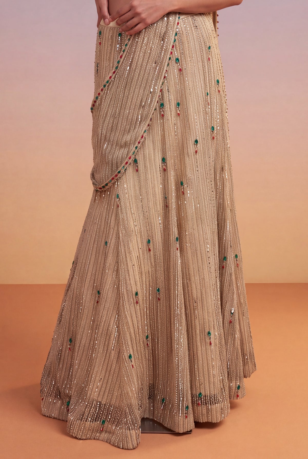 Gold Net Mermaid Lehenga with Jewel-Stone & Kutdana Embroidery - Mokshaa