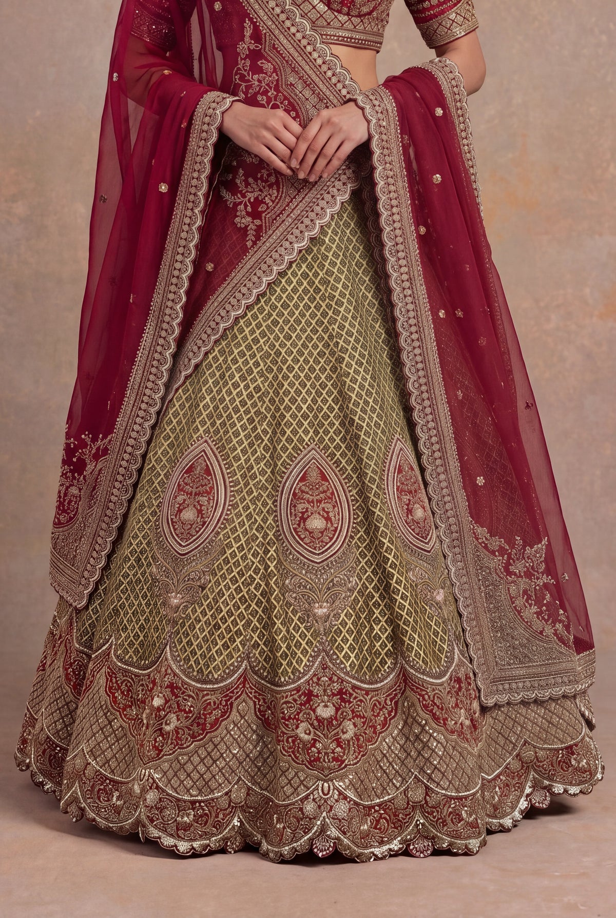 Olive Green Printed Silk Lehenga Set with Zardozi and Cutdana Work - Mokshaa