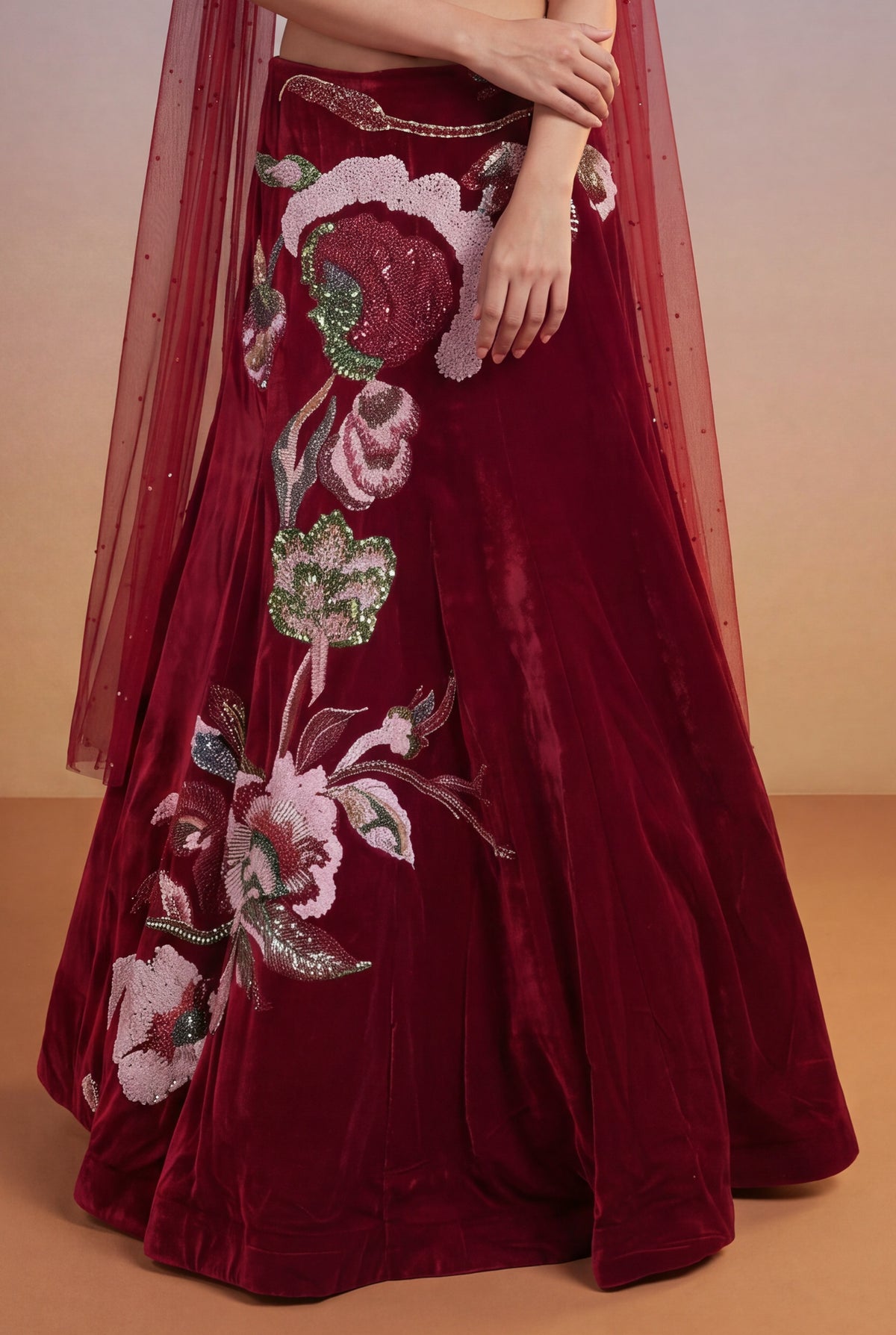 Cherry Red Velvet Lehenga Set with Cutdana and Pearl Embroidery - Mokshaa