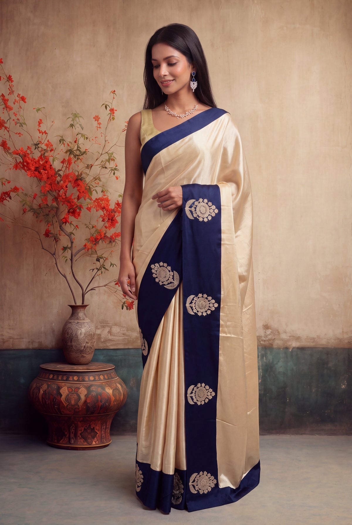 Ivory Crepe Silk Saree - Mokshaa