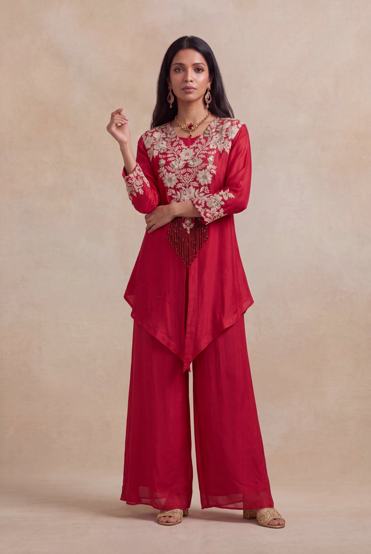 Red Raw Silk Zardosi Indo-Western Palazzo Set - Mokshaa