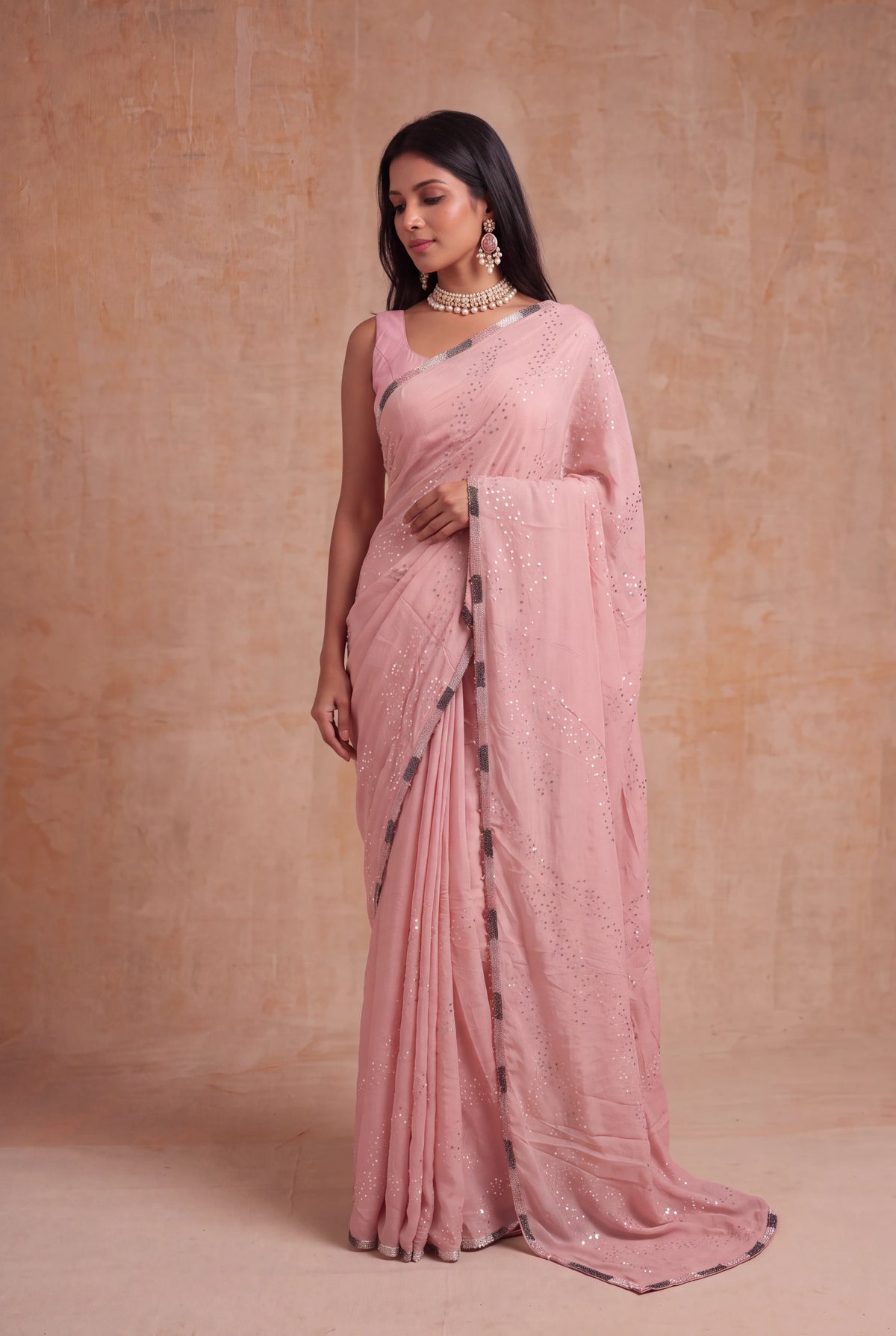 Pink Crush Crepe Saree with Sequin Work - Mokshaa