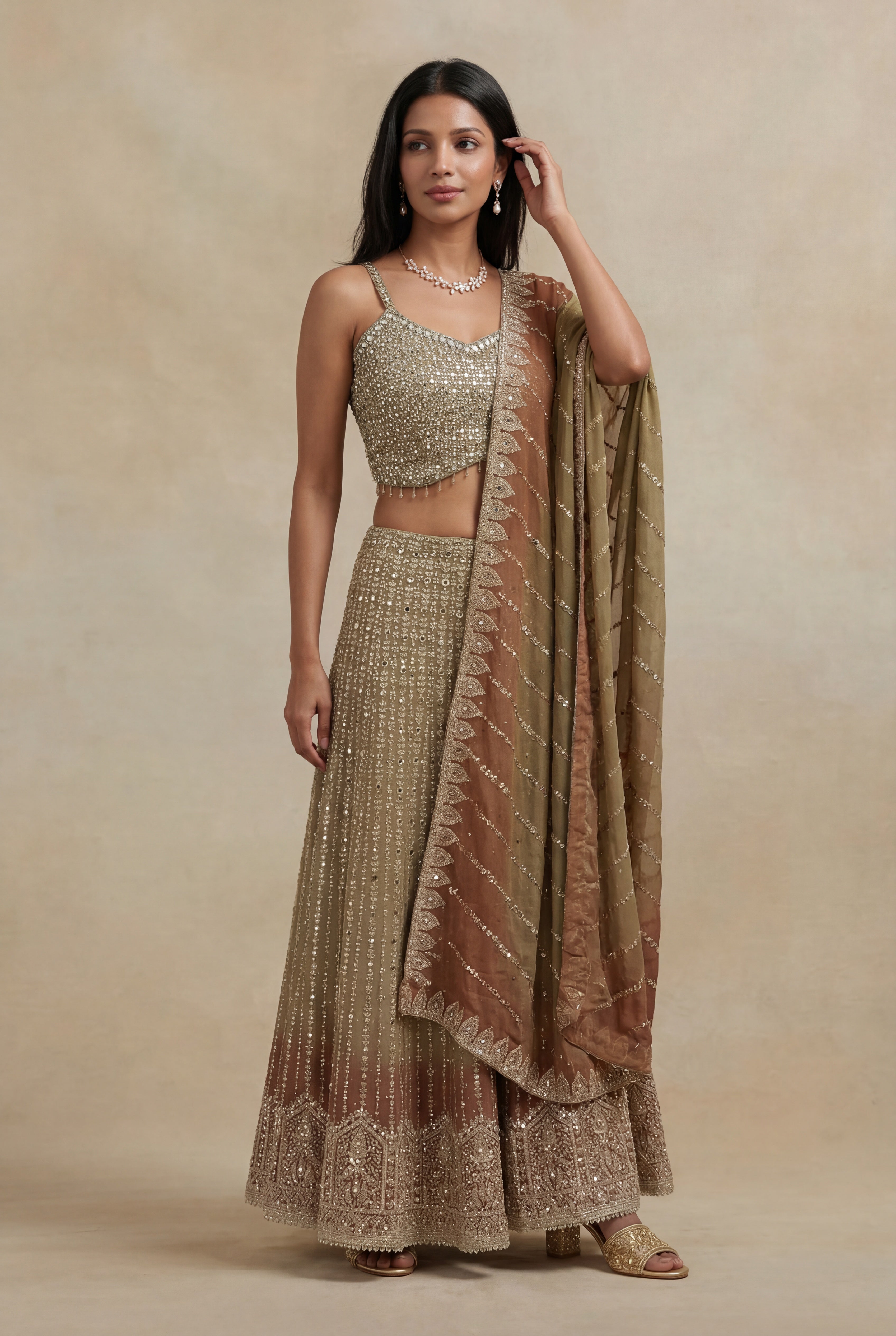 Gold Georgette Indo-Western Set with Stone & Mirror Work