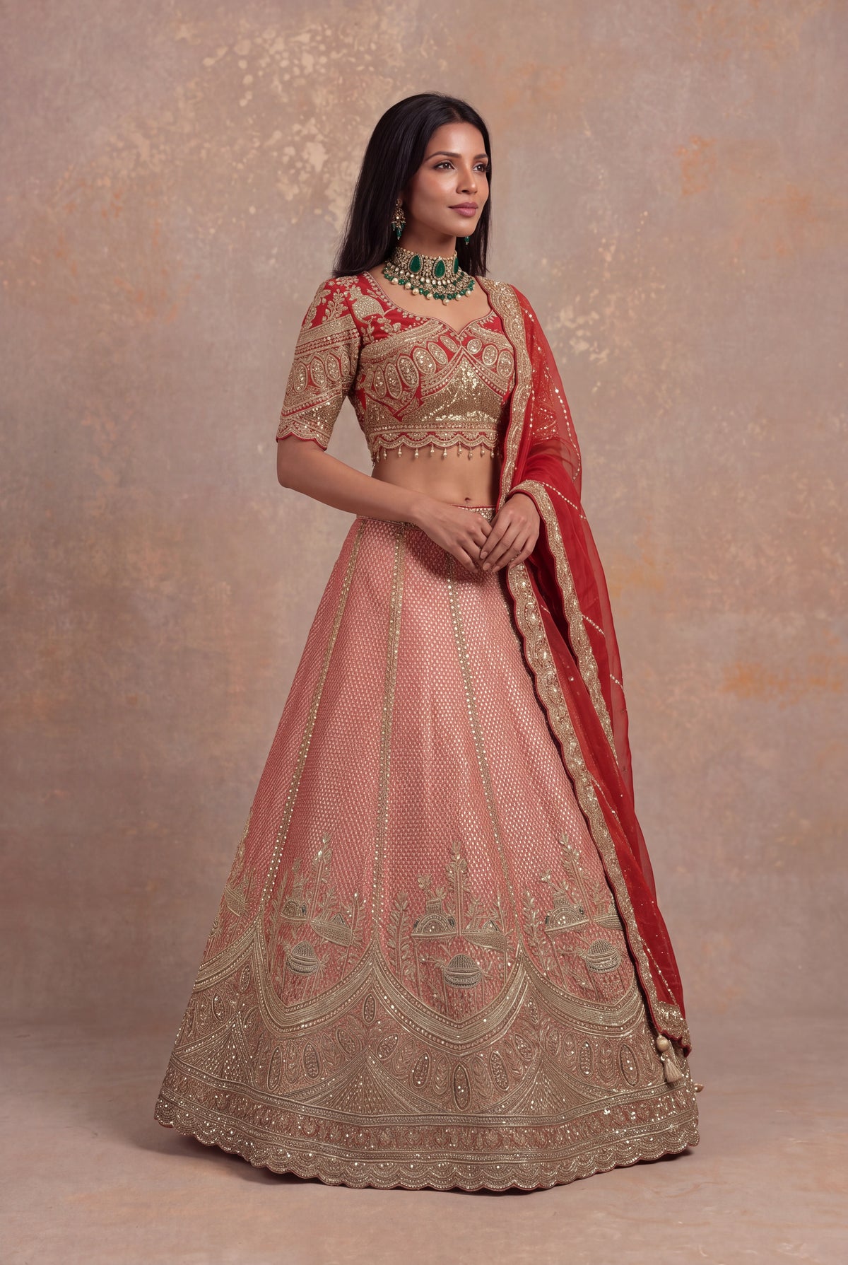 Rust Orange Banarasi Tissue Lehenga Set with Zardozi Embroidery - Mokshaa