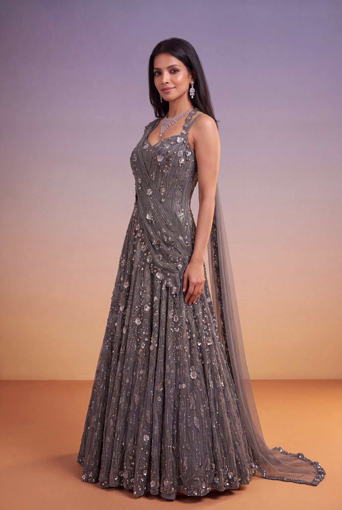 Grey Net Gown - Mokshaa