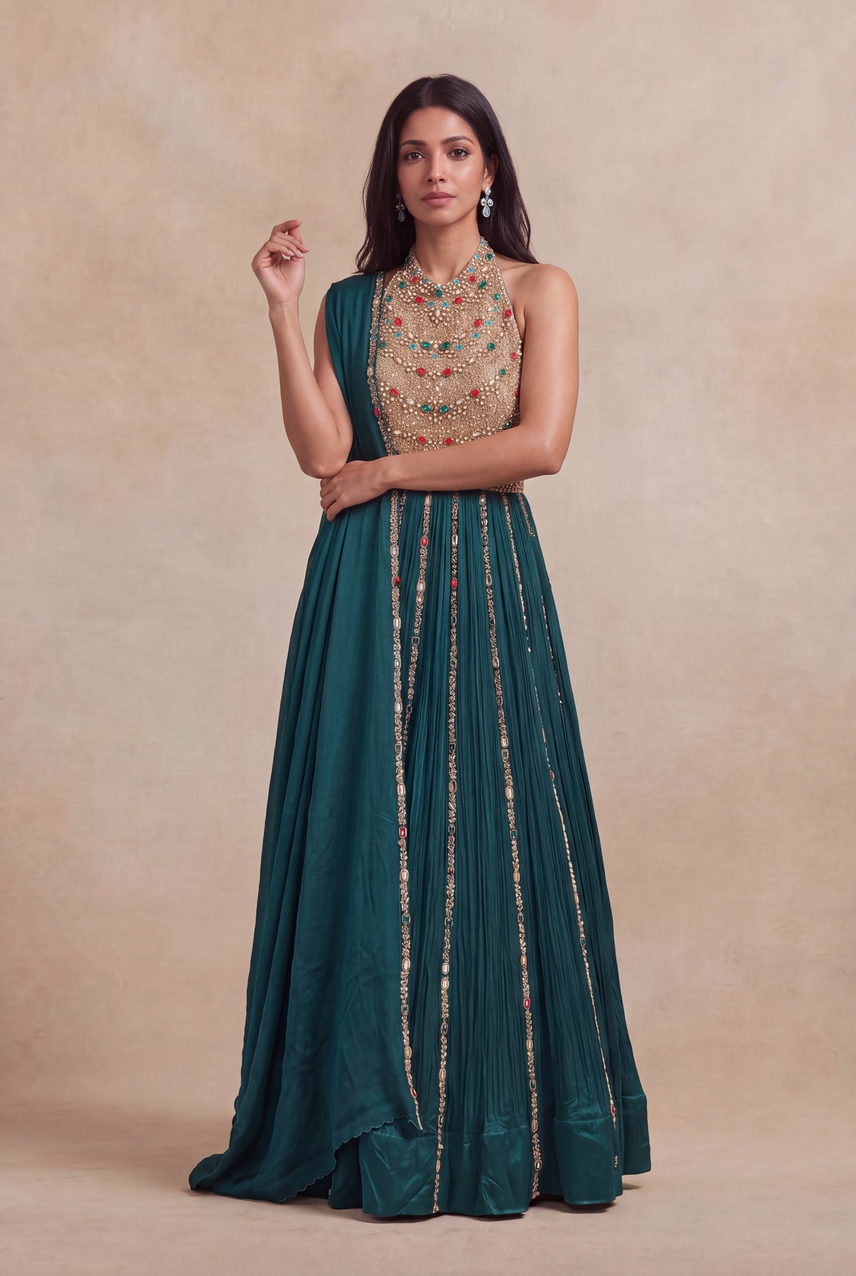 Teal Green Halter Gown with Multi-Stone Zari Embroidery - Mokshaa