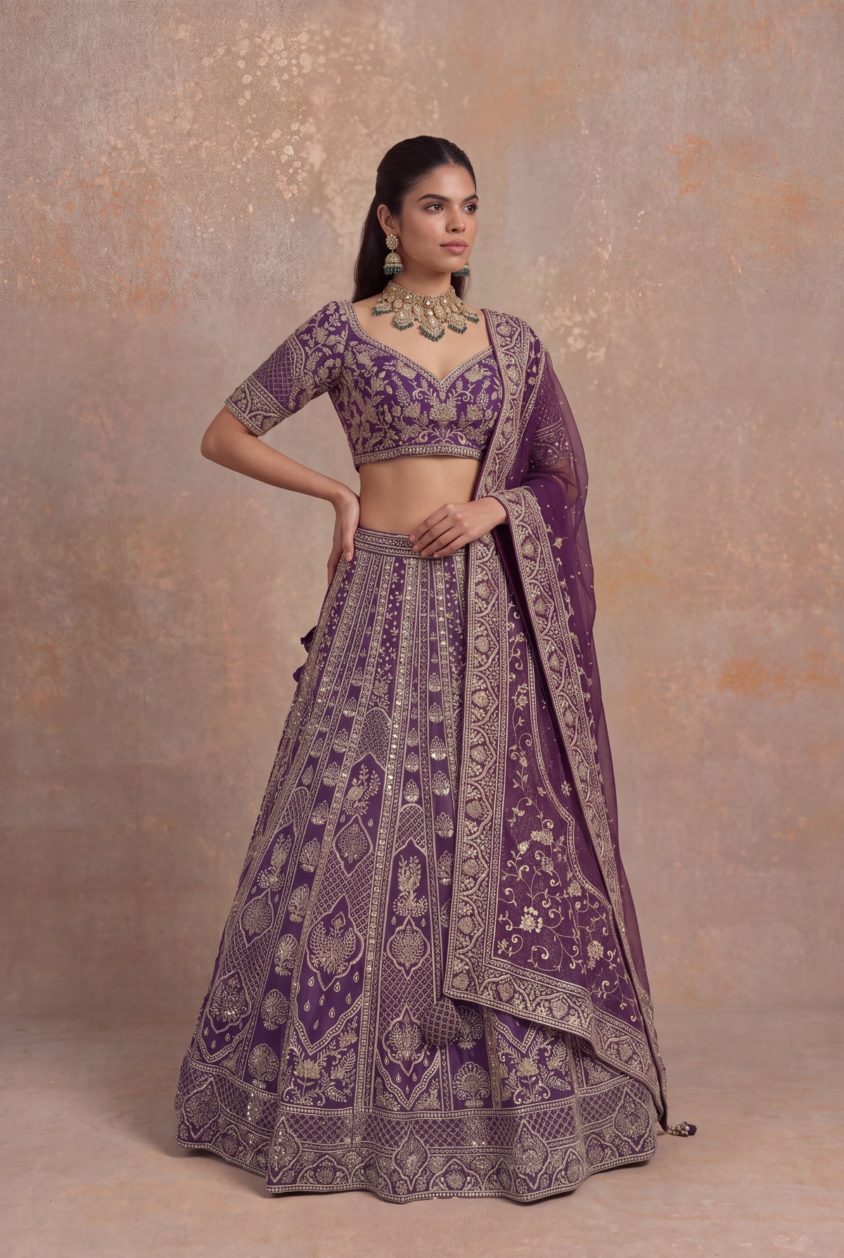 Plum Raw Silk Lehenga Set with Zardozi Embroidery - Mokshaa