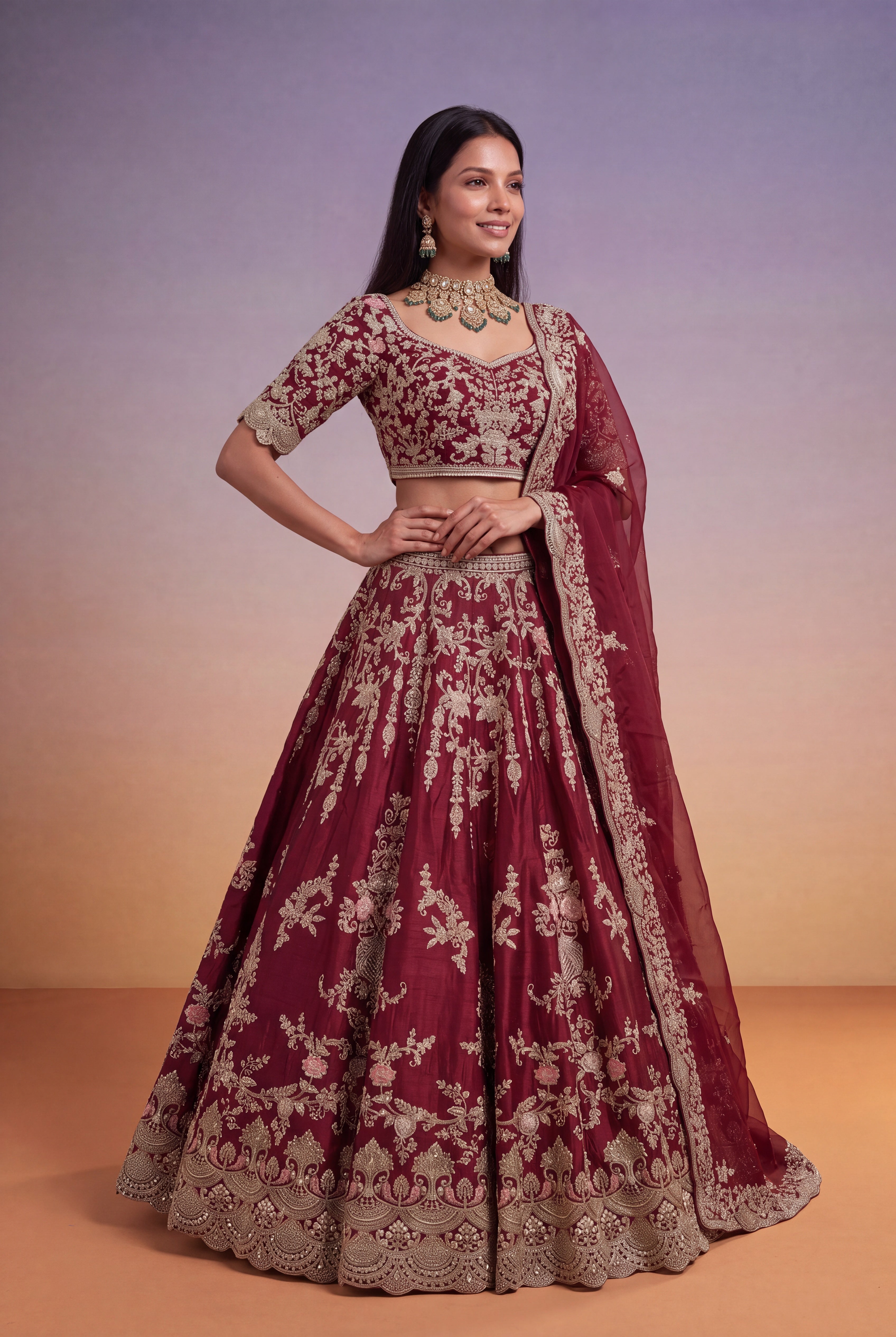 Maroon Raw Silk Bridal Lehenga