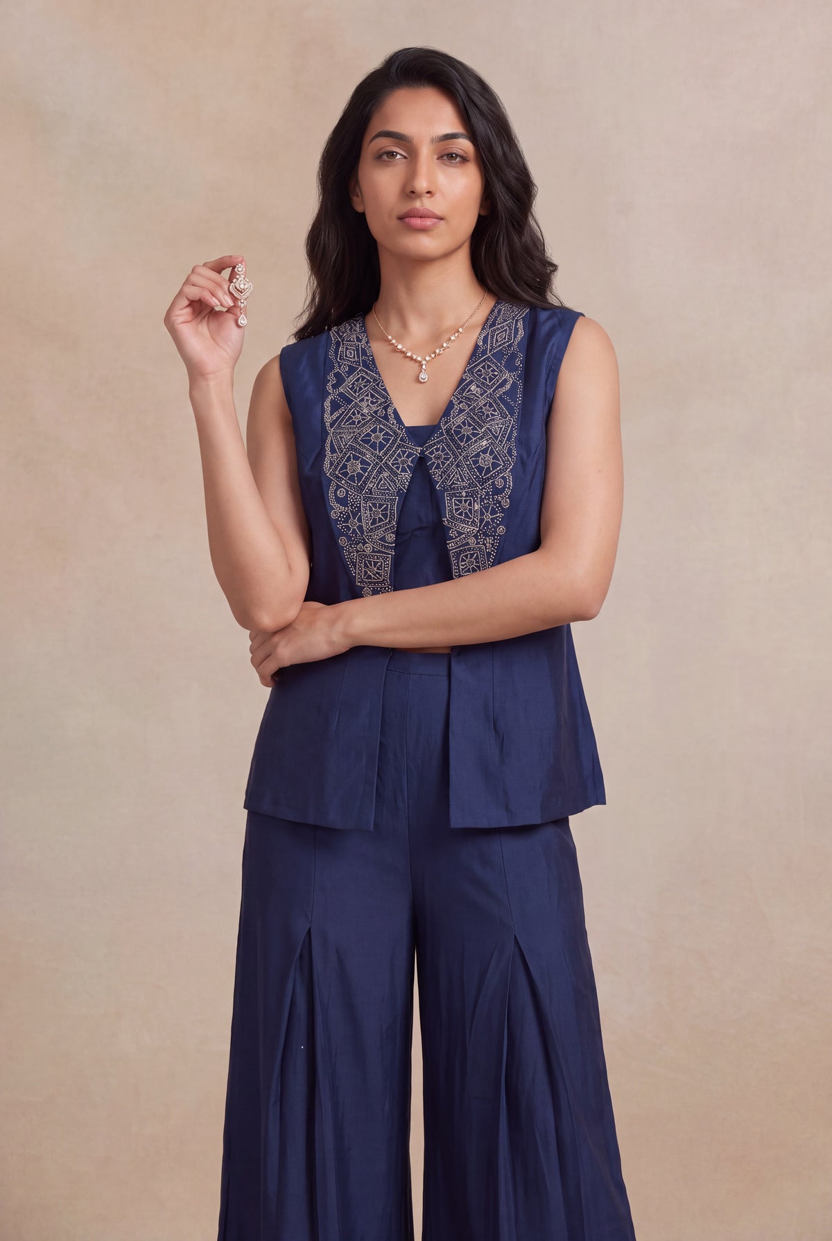 Navy Blue Silk Indo-Western Palazzo Set - Mokshaa