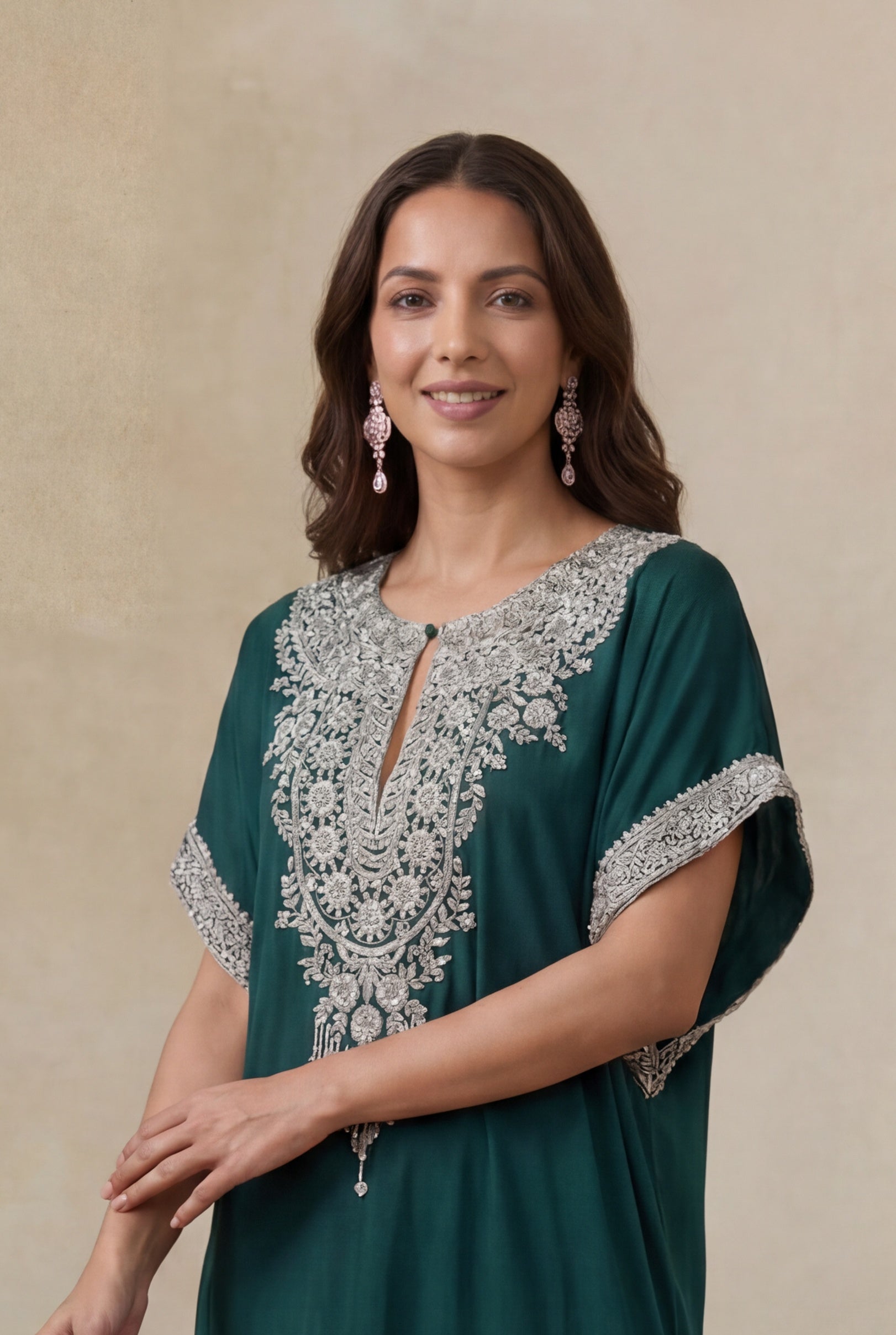 Emerald Green Satin Silk Kaftan Set