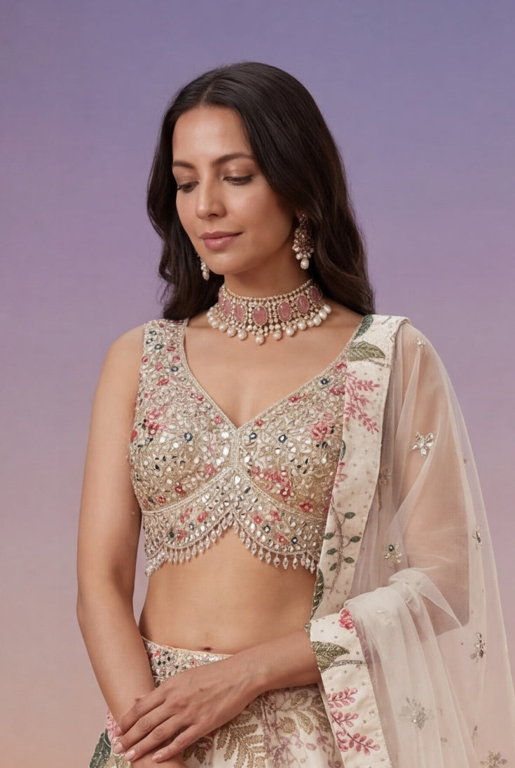 Ivory Floral Printed Raw Silk Lehenga