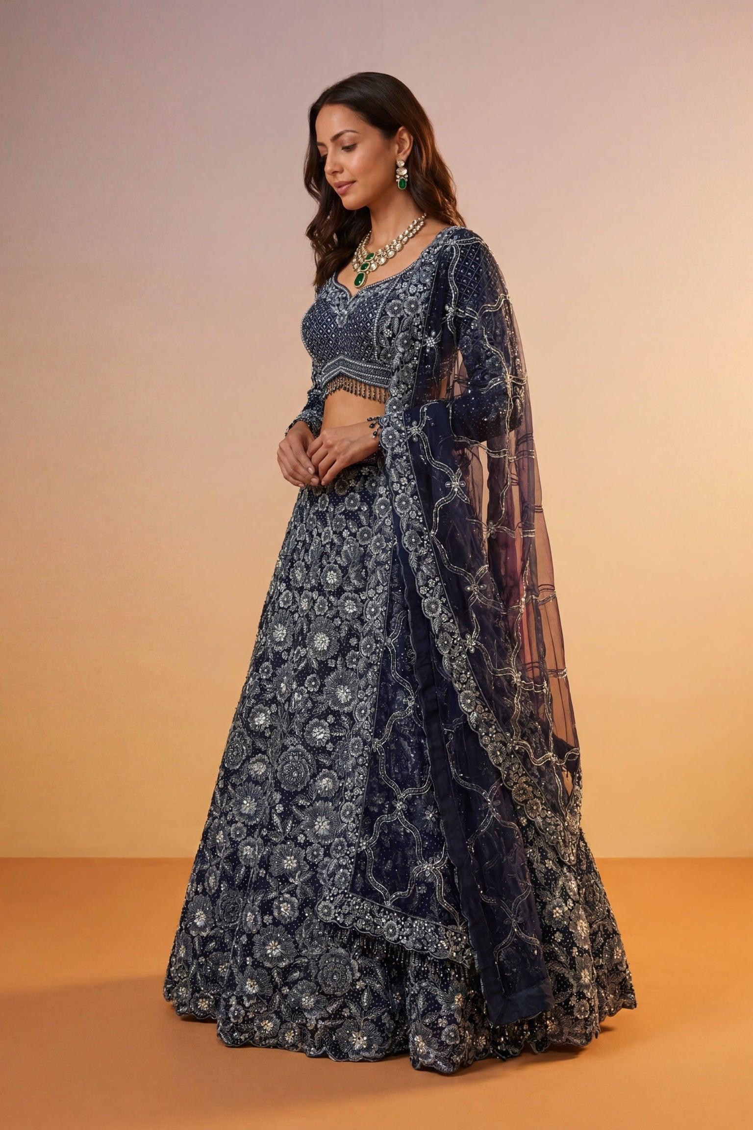 Navy Blue Net Lehenga
