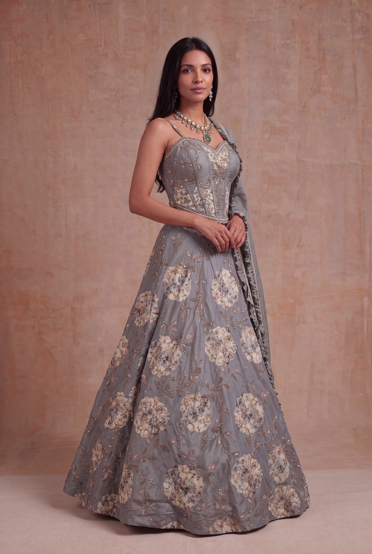 Grey Tissue Silk Floral Lehenga with Zari Work - Mokshaa