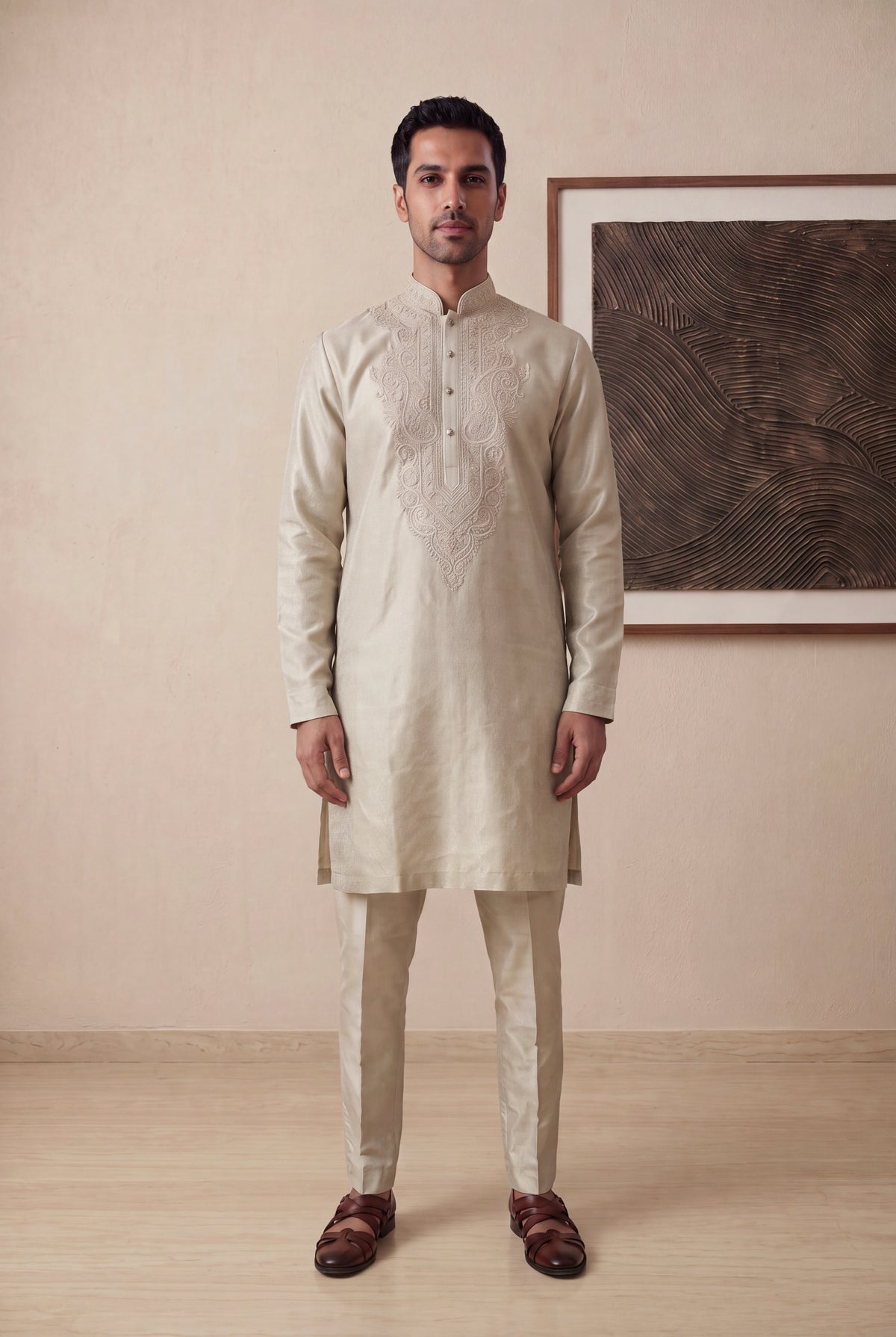 Gold Tissue Thread Work Kurta Pant Set - Mokshaa