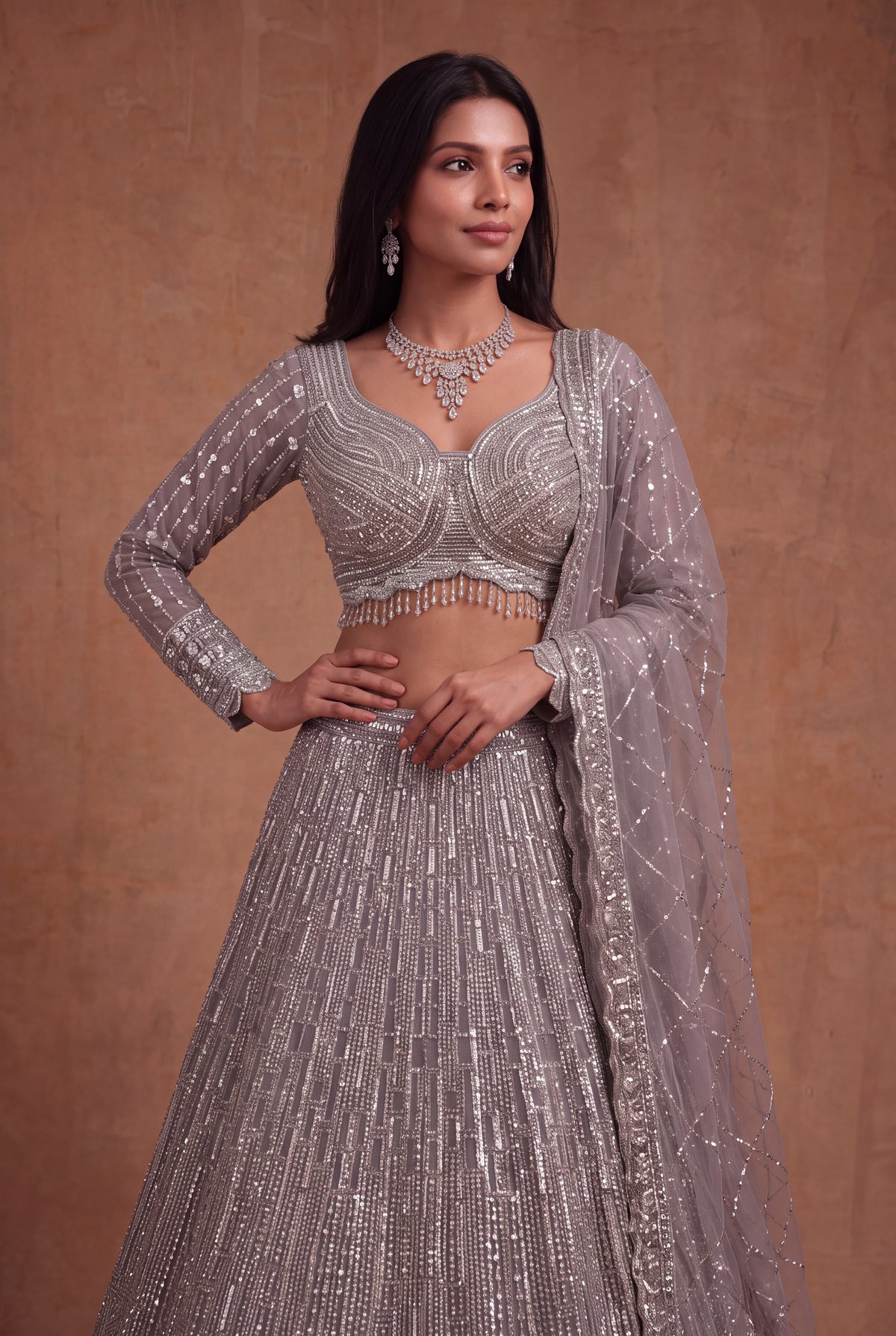 Silver Grey Net Lehenga - Mokshaa