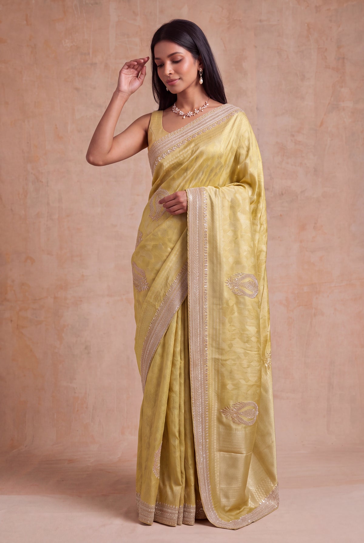 Lime Yellow Zari Weave Saree with Zardosi Work - Mokshaa