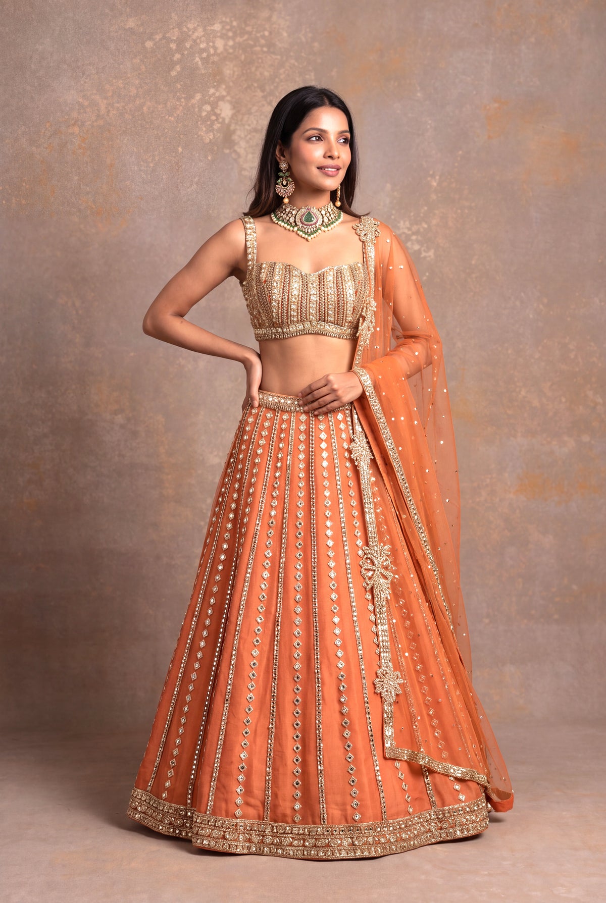 Gold Orange Tissue Lehenga Set with Sequin and Stone Work - Mokshaa
