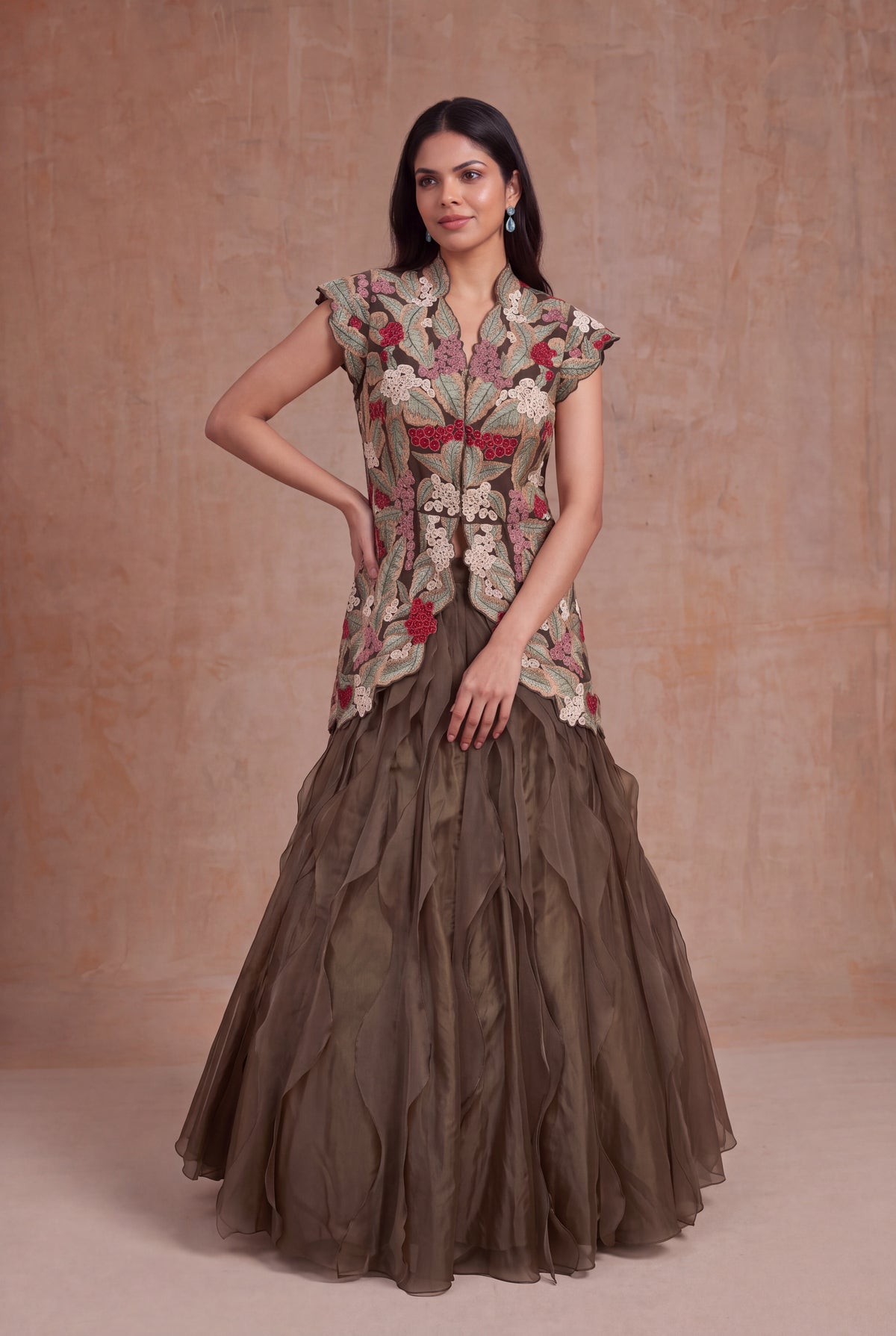 Olive Green Silk & Organza Botanical Embroidery Set - Mokshaa