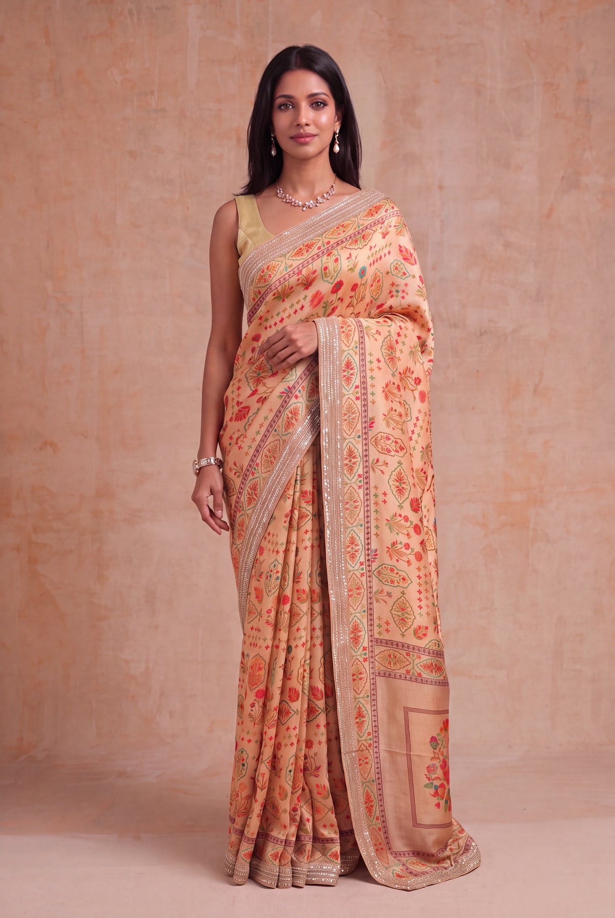 Peach Tissue Georgette Printed Saree - Mokshaa