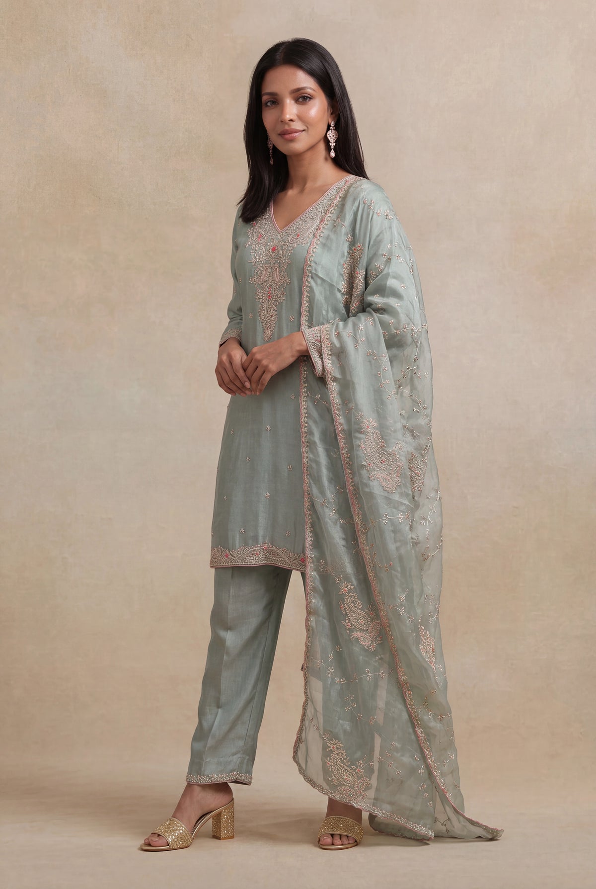 Sage Green Tissue Zardozi Straight Cut Salwar Suit - Mokshaa