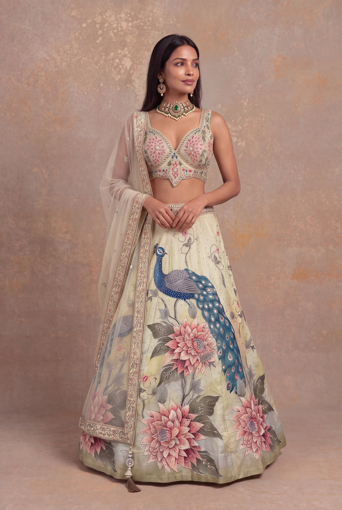 Pista Green Peacock & Floral Silk Lehenga - Mokshaa