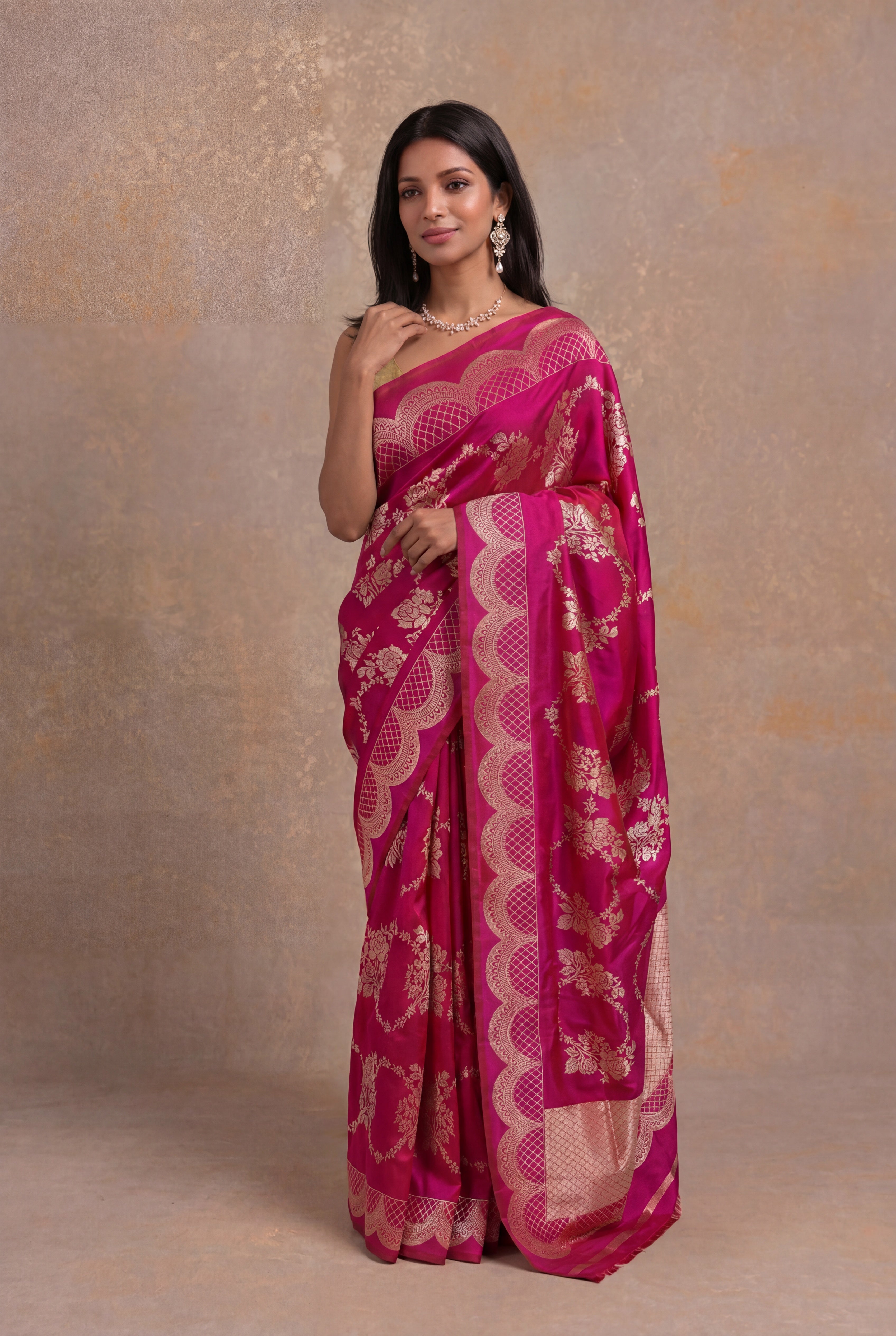 Pink Banarasi Silk Scallop Border Saree