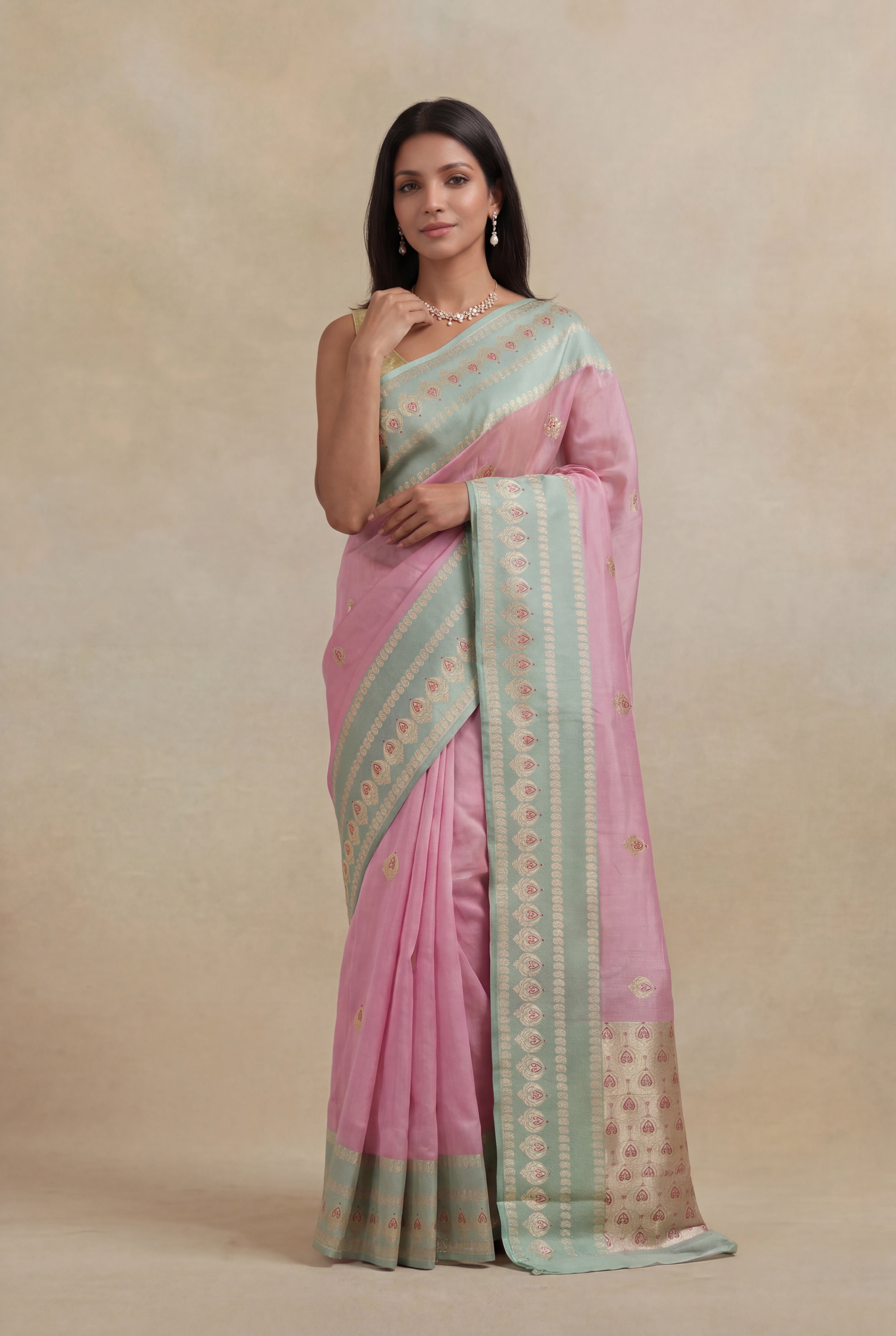 Baby Pink Banarasi Kora Silk Saree