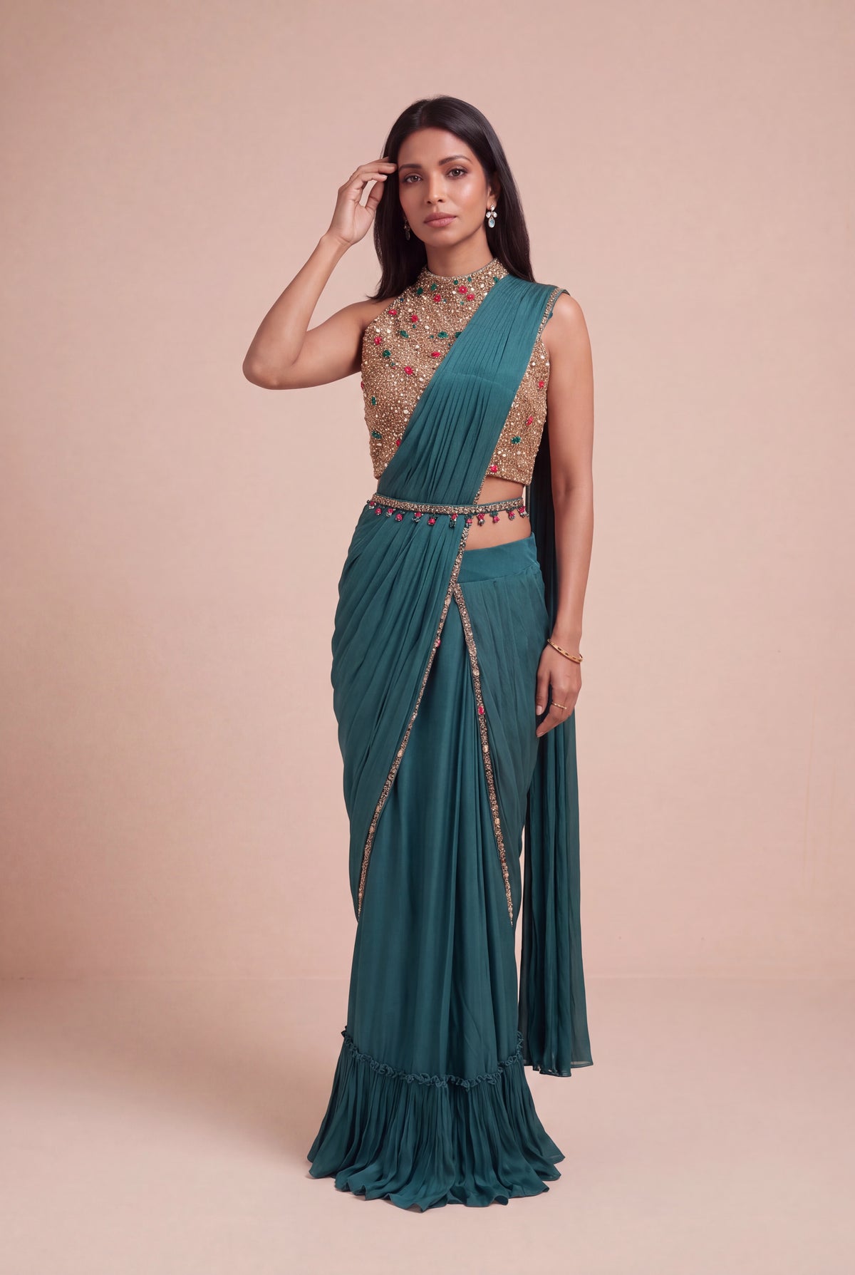 Emerald Green Draped Saree with Jewel-Embroidered Halter Blouse - Mokshaa