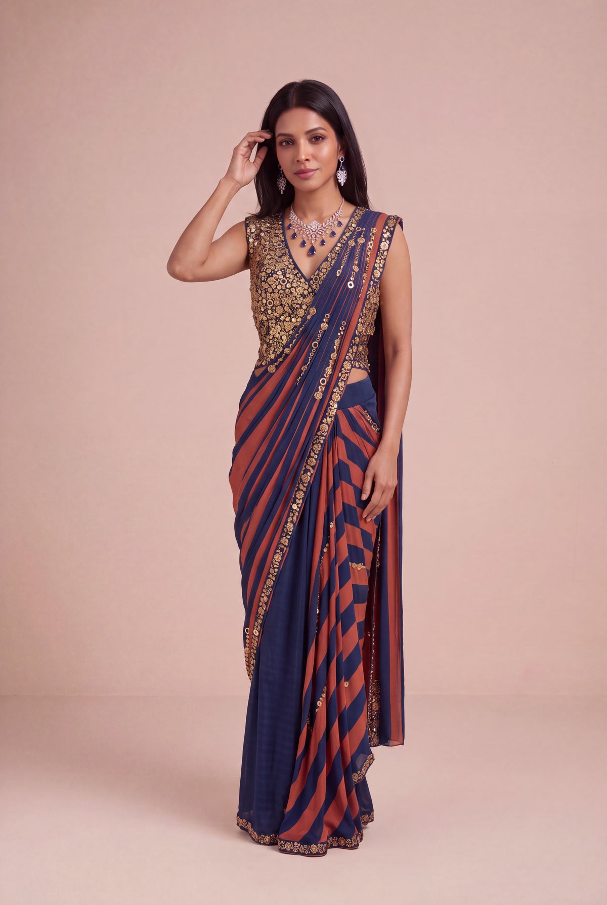 Navy Blue & Rust Satin Silk Pre-Draped Saree - Mokshaa