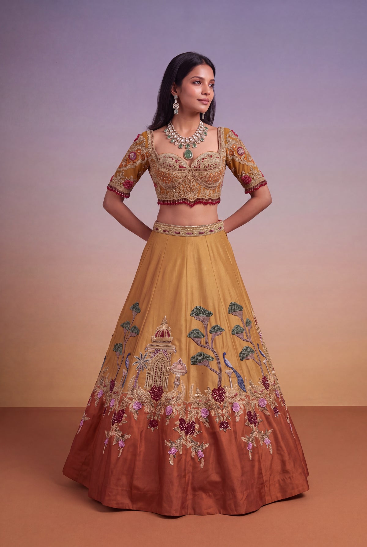 Mustard & Burnt Orange Tissue Lehenga - Mokshaa