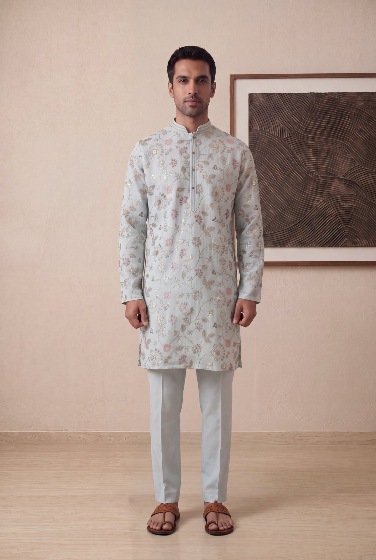 Ice Blue Linen Kurta Set - Mokshaa