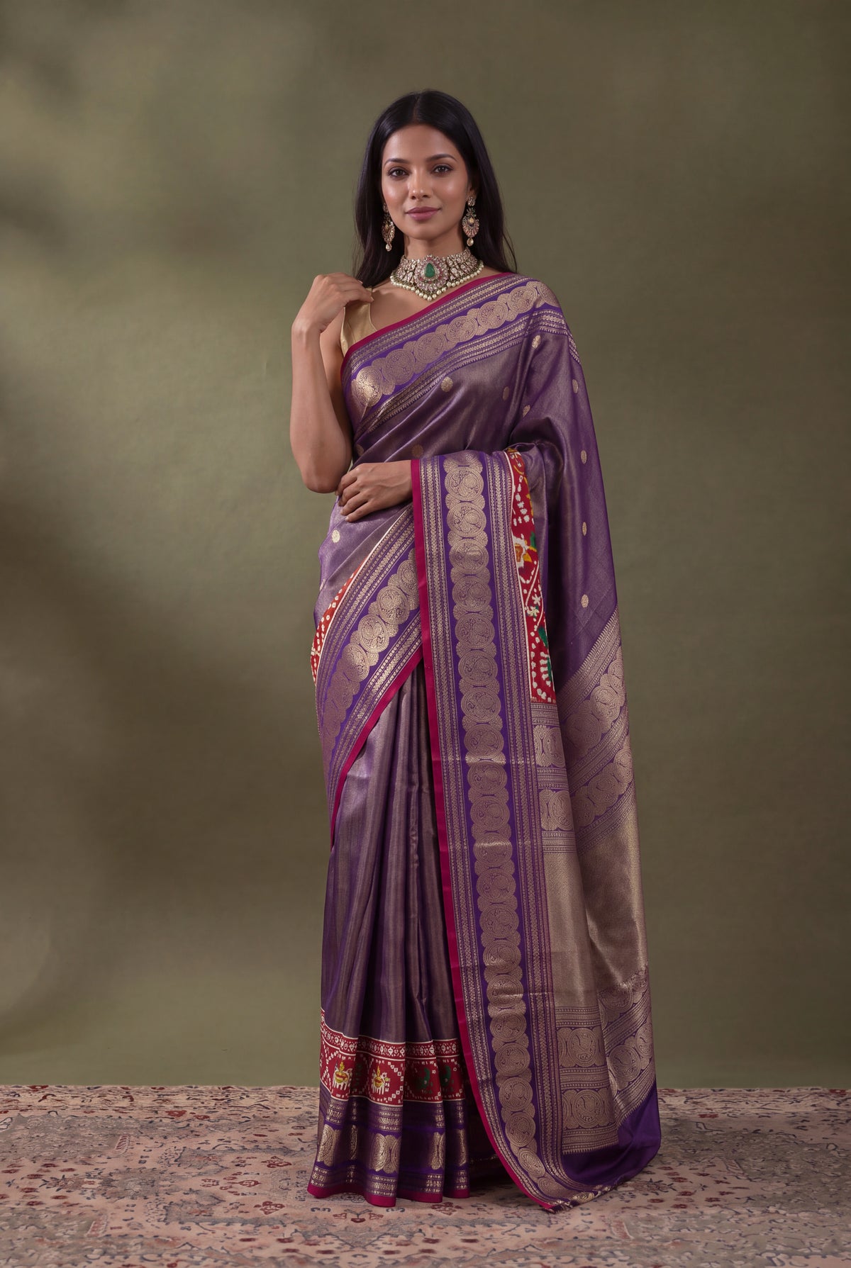 Purple Kanchipuram Silk Fusion Saree with Patan Patola Border - Mokshaa