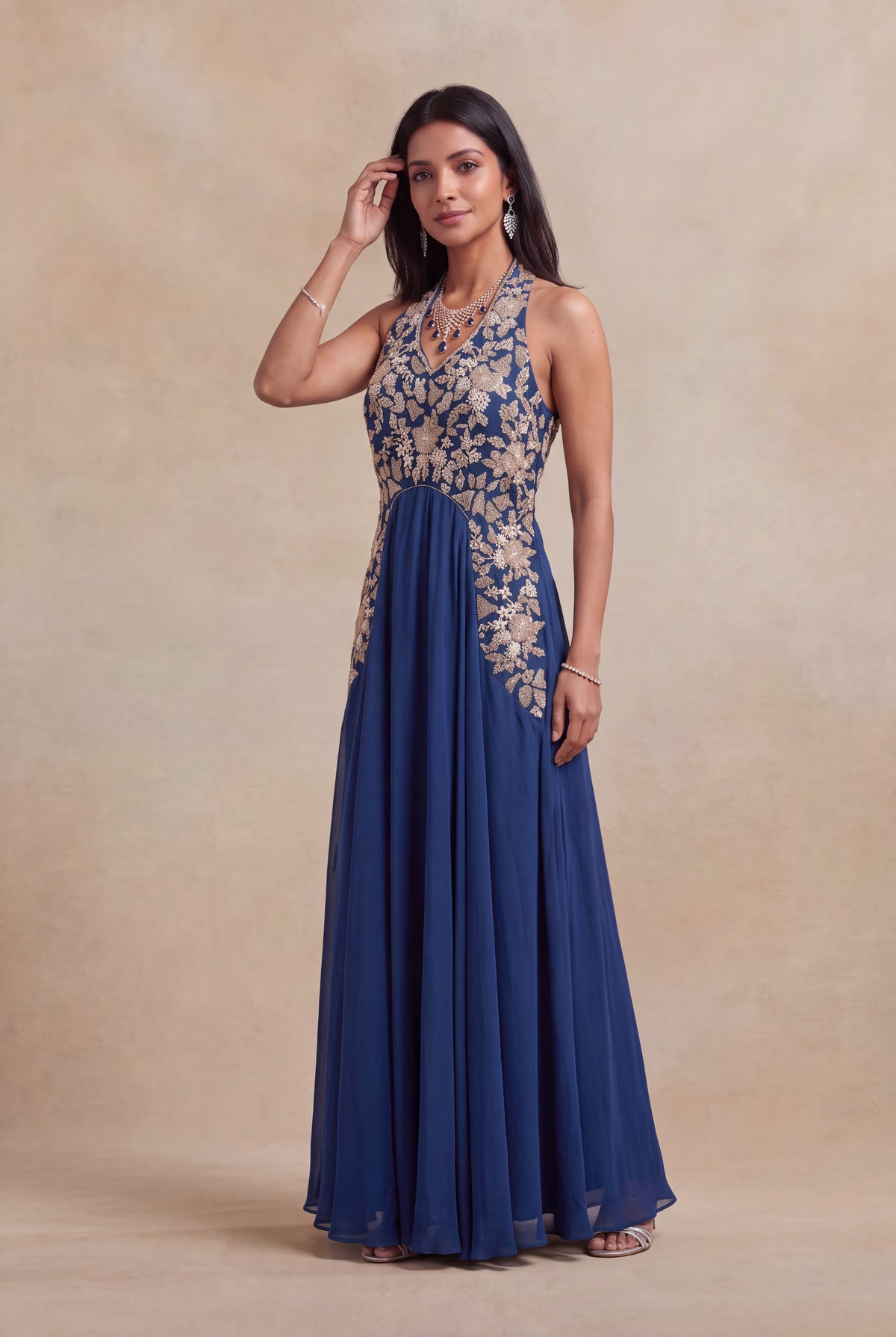 Navy Blue Satin Silk Gown - Mokshaa