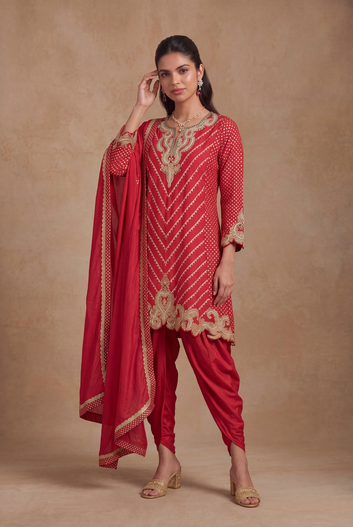 Cherry Red Banarasi Silk Indo Western Set with Zari and Pearl Work - Mokshaa