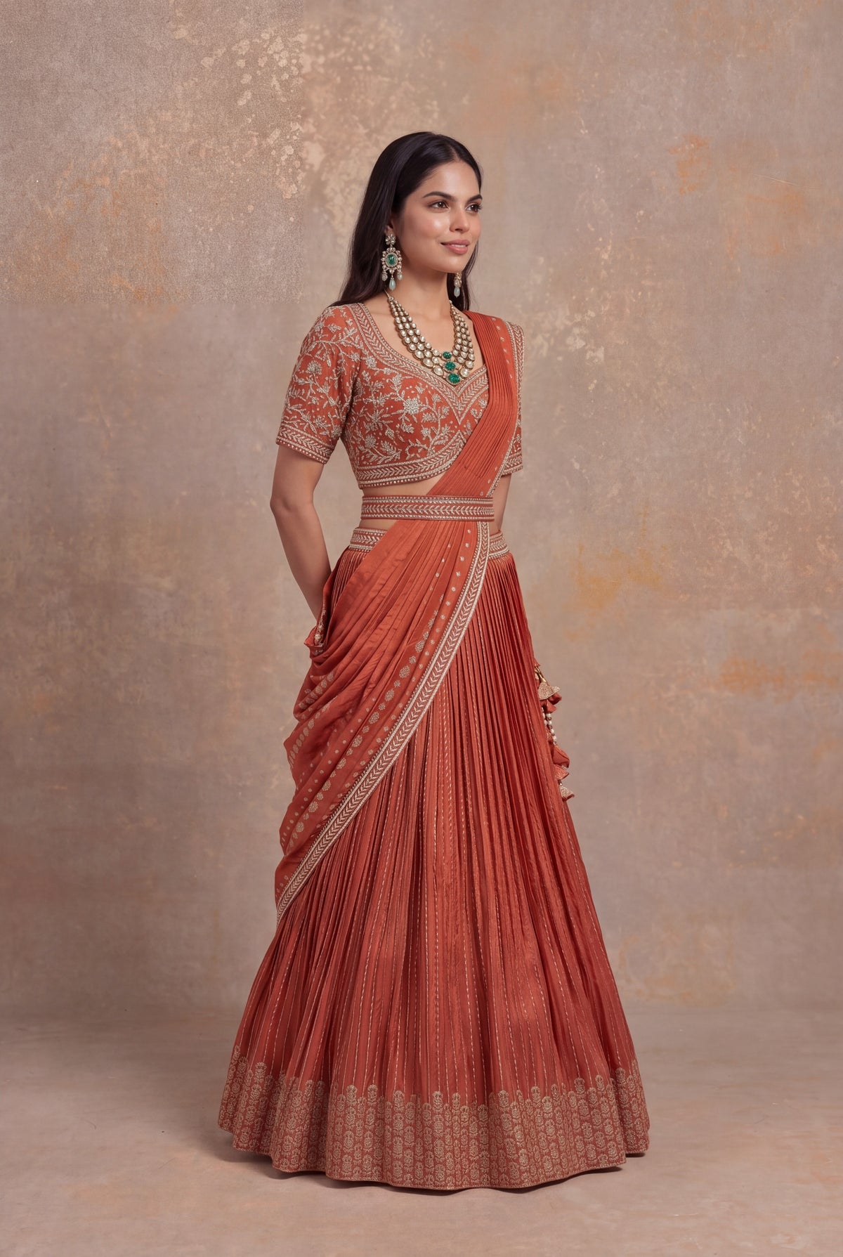 Light Orange Banarasi Draped Lehenga Set - Mokshaa