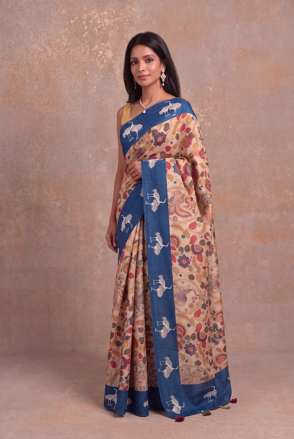 Off-White Tussar Silk Kalamkari Saree - Mokshaa