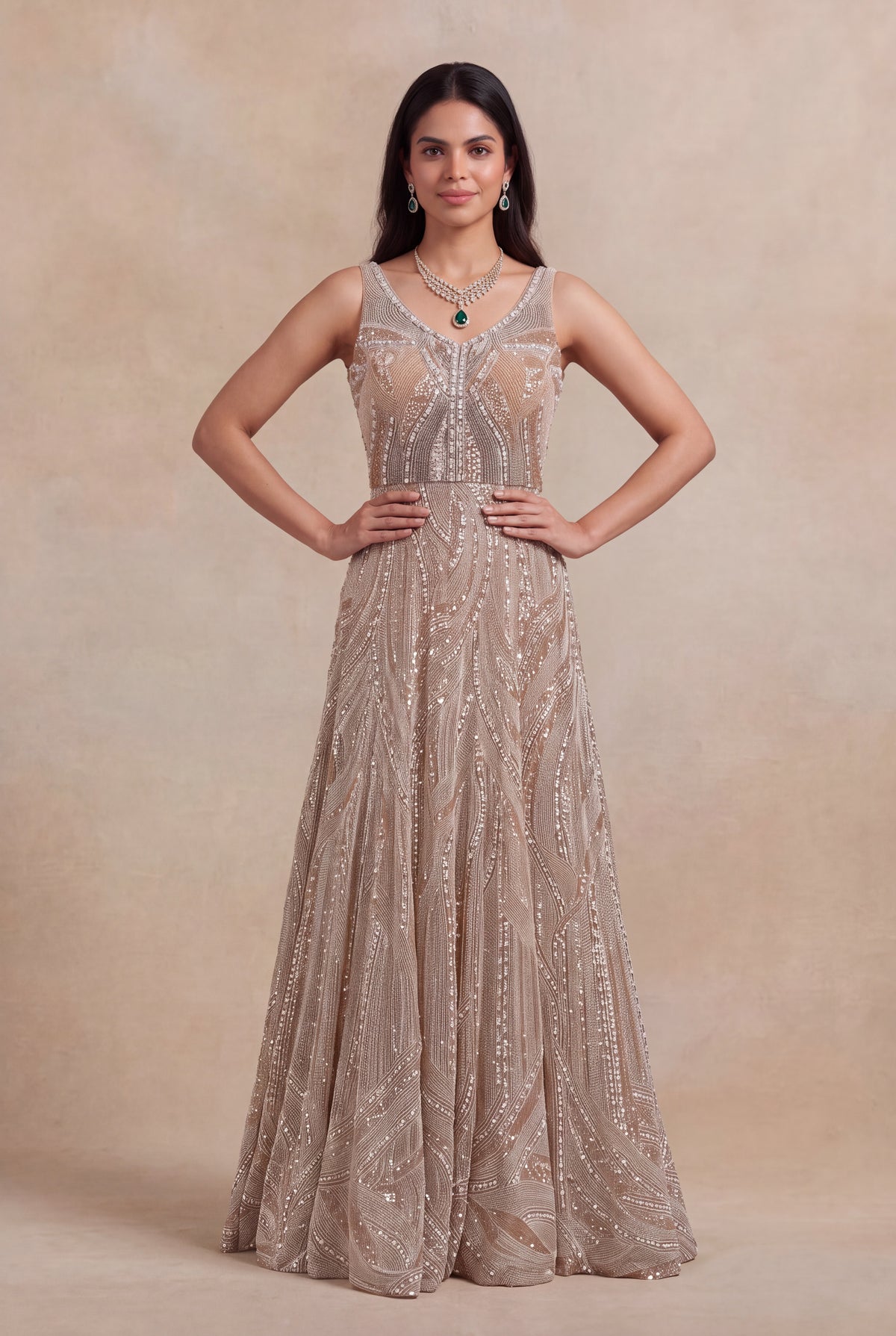 Champagne Gold Sequin & Pearl Embroidered Gown - Mokshaa